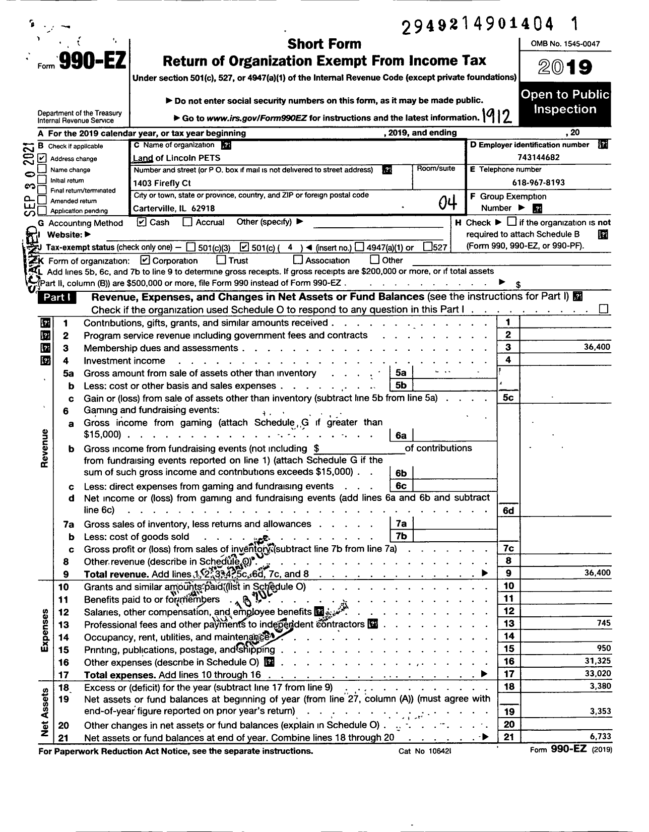 Image of first page of 2019 Form 990EO for Land of Lincoln Pets