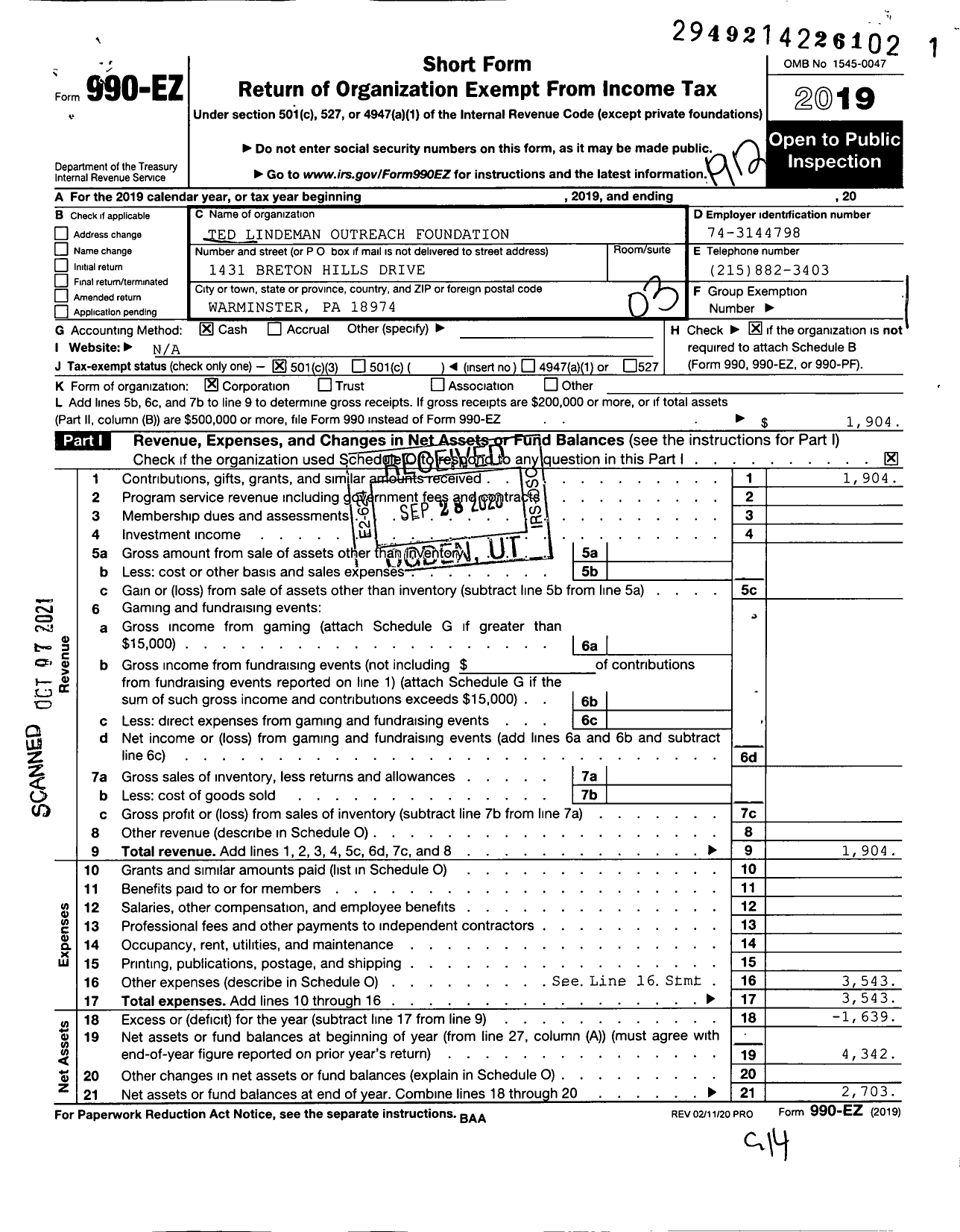 Image of first page of 2019 Form 990EZ for Ted Lindeman Outreach Foundation