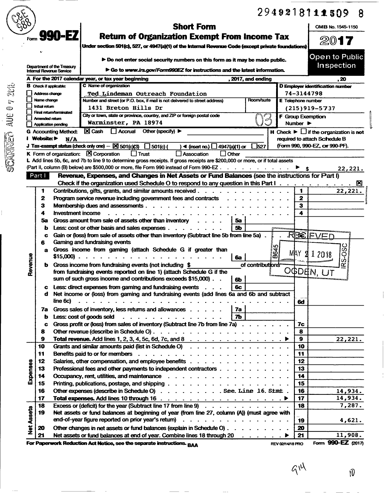 Image of first page of 2017 Form 990EZ for Ted Lindeman Outreach Foundation