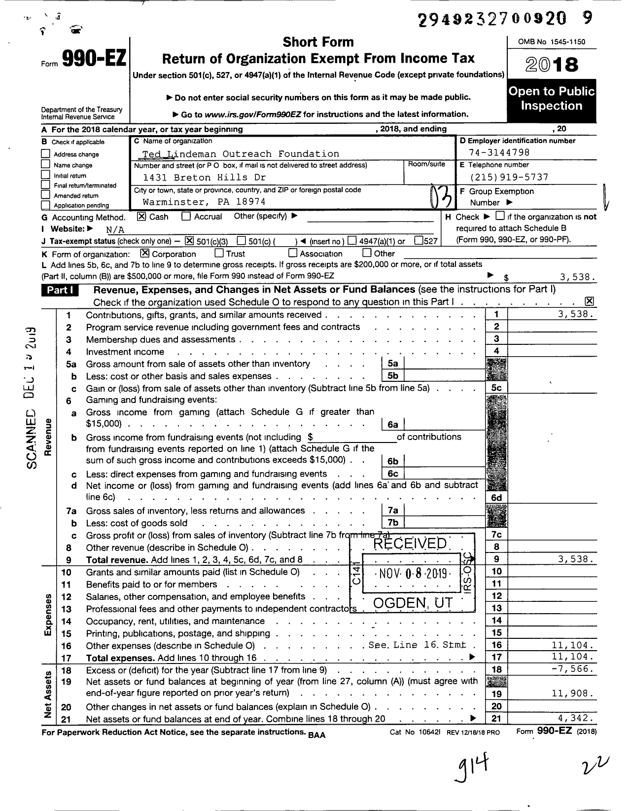 Image of first page of 2018 Form 990EZ for Ted Lindeman Outreach Foundation