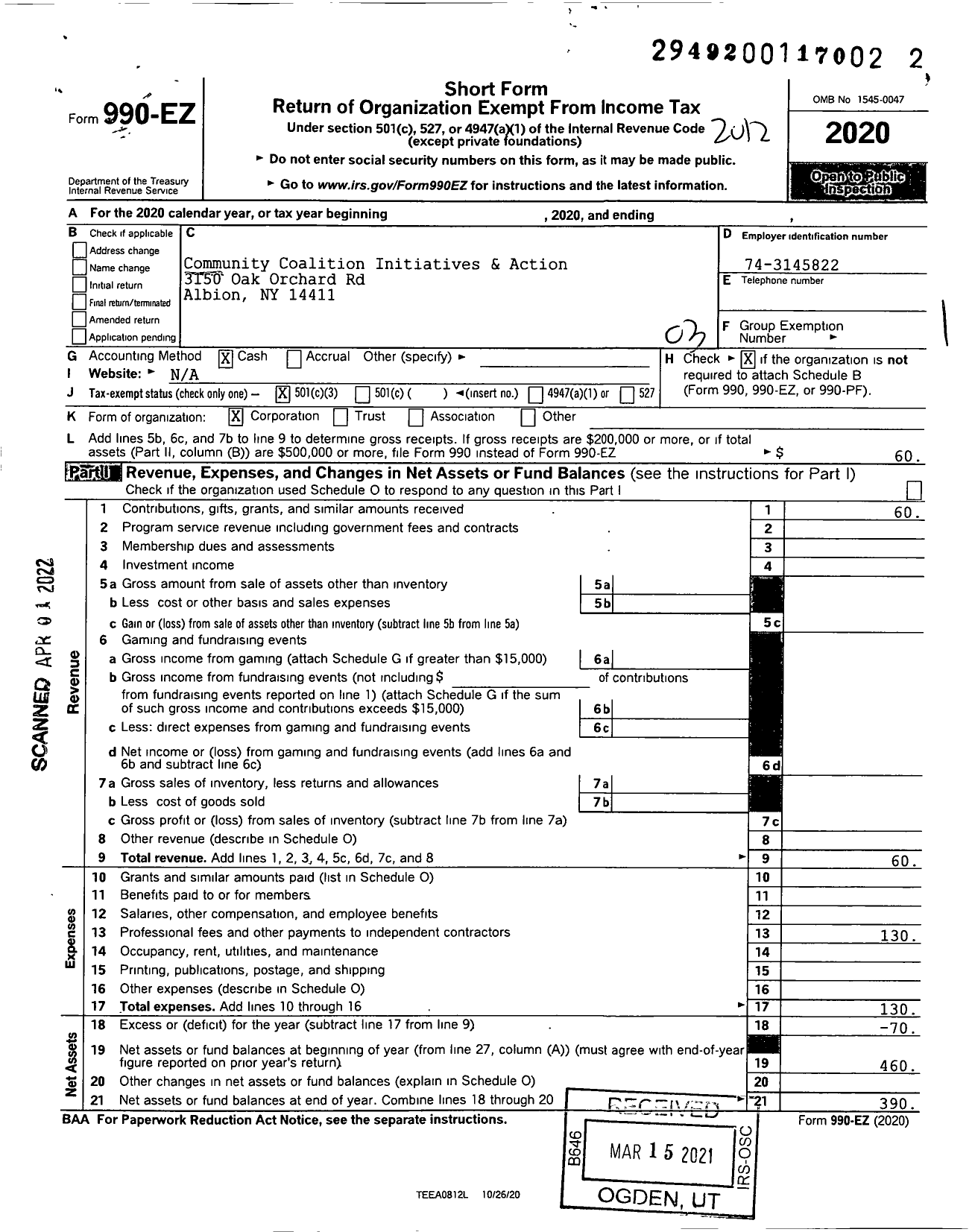 Image of first page of 2020 Form 990EZ for Community Coalition Initiatives & Actions