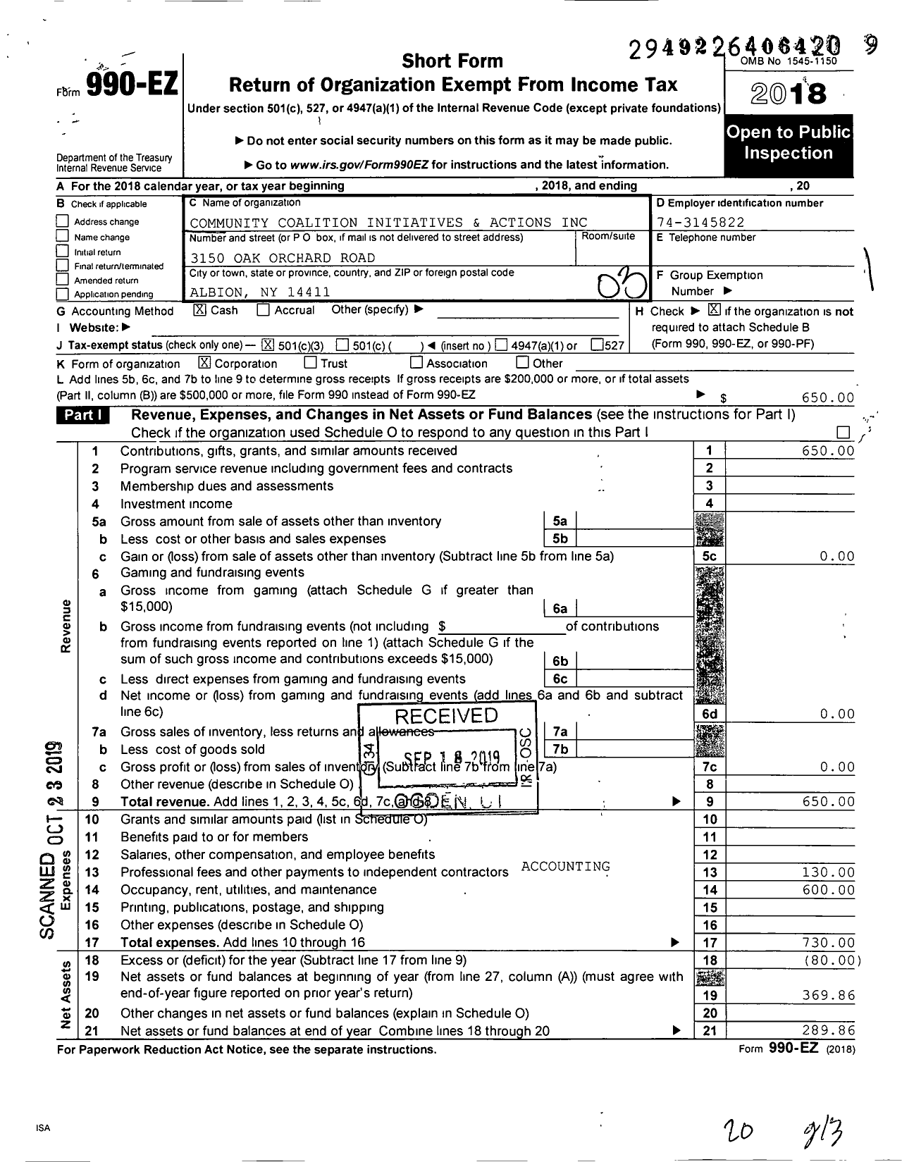 Image of first page of 2018 Form 990EZ for Community Coalition Initiatives & Actions