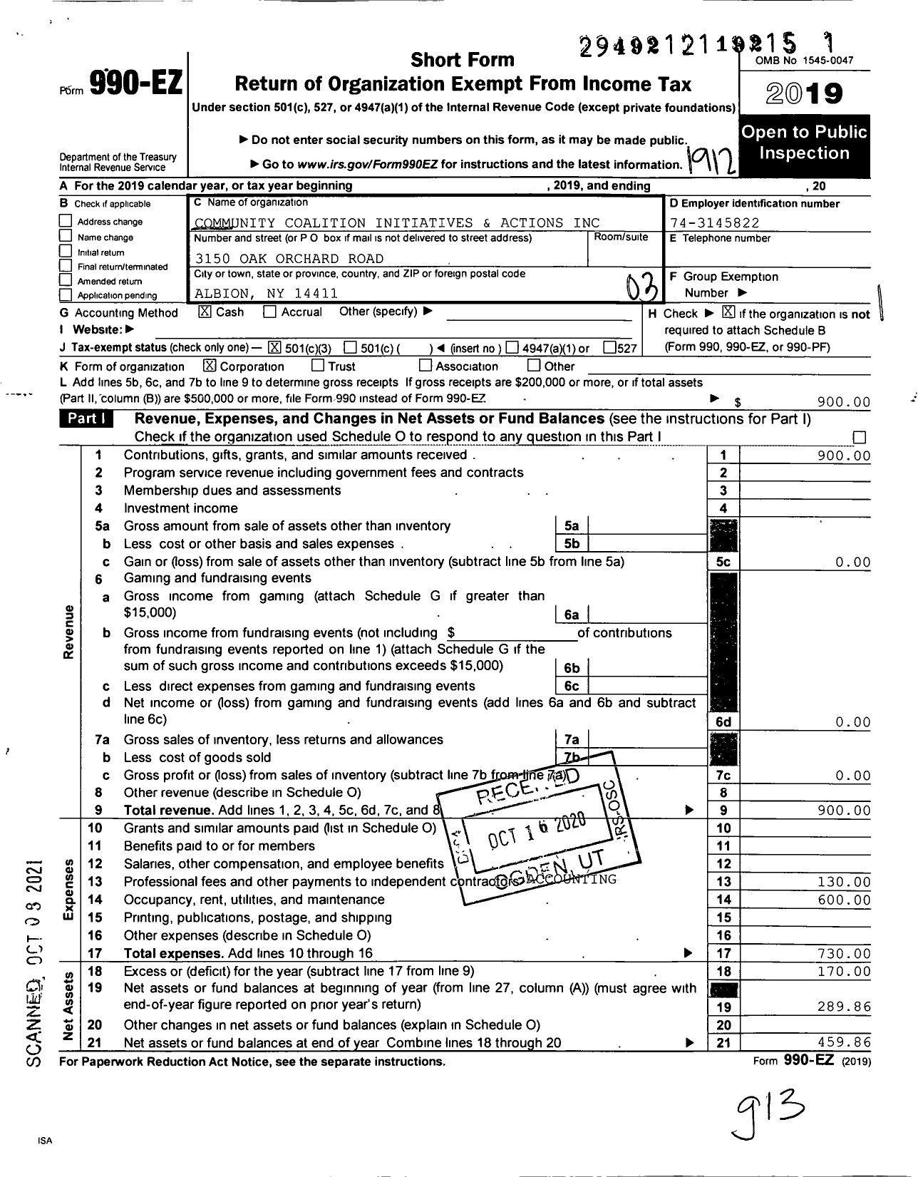 Image of first page of 2019 Form 990EZ for Community Coalition Initiatives & Actions