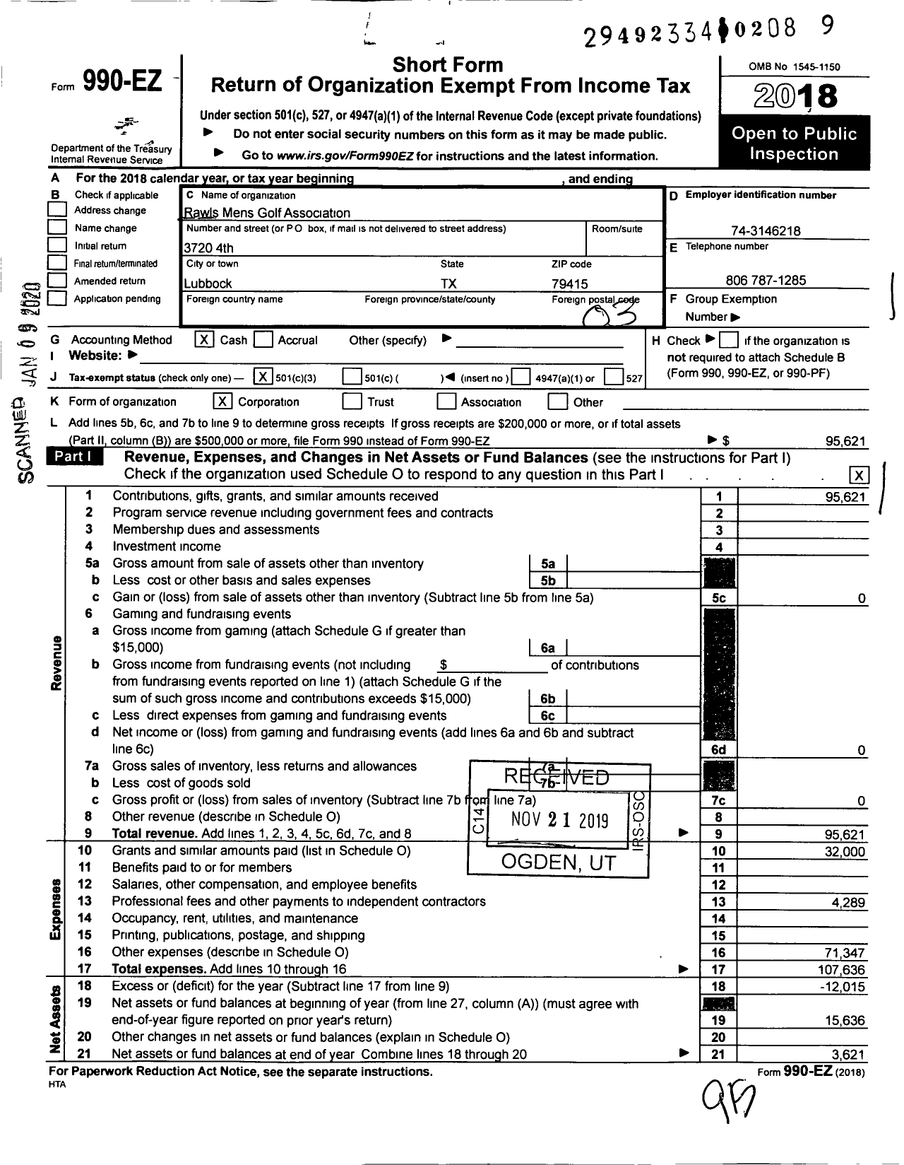 Image of first page of 2018 Form 990EZ for Rawls Mens Golf Association (RMGA)