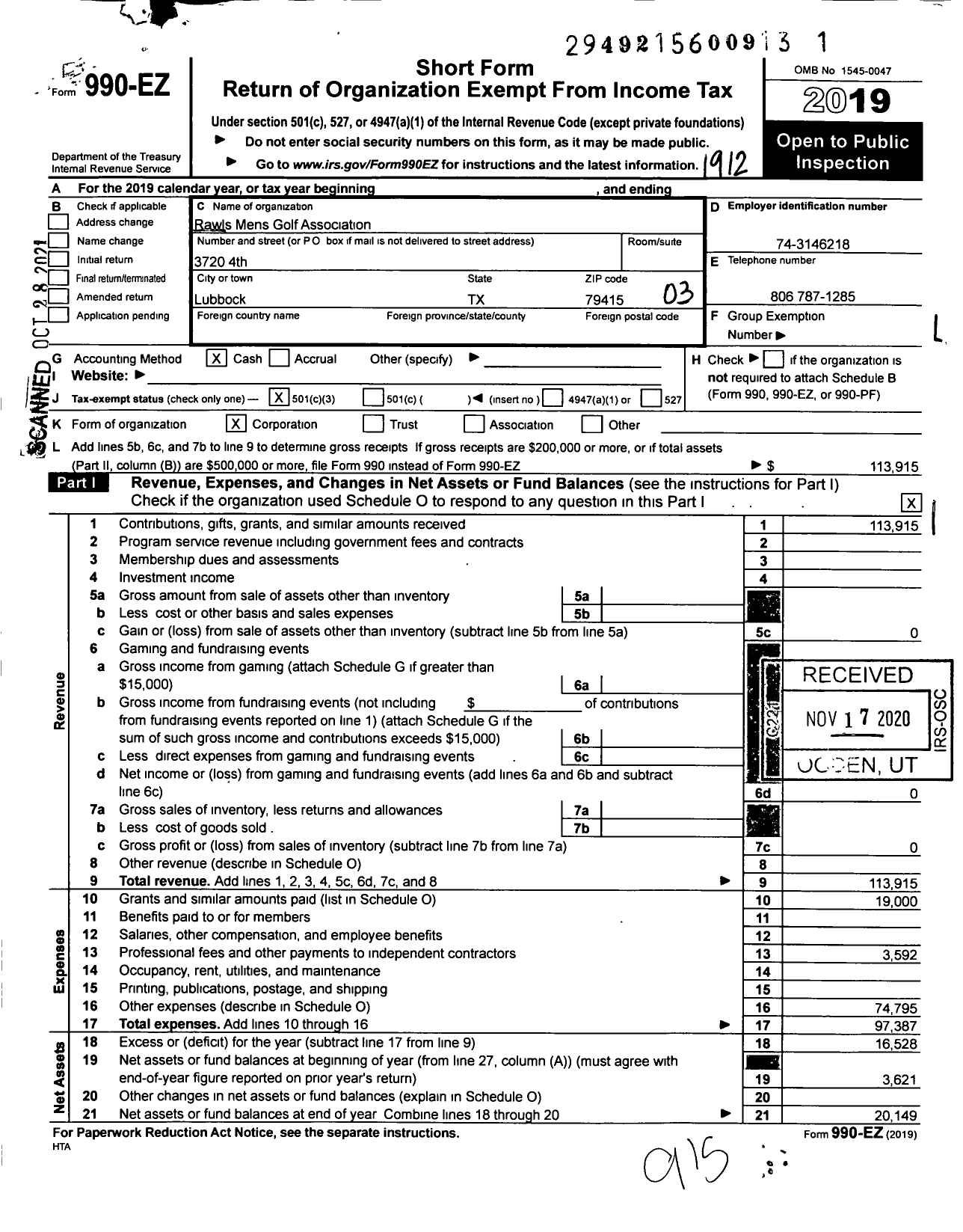 Image of first page of 2019 Form 990EZ for Rawls Mens Golf Association (RMGA)