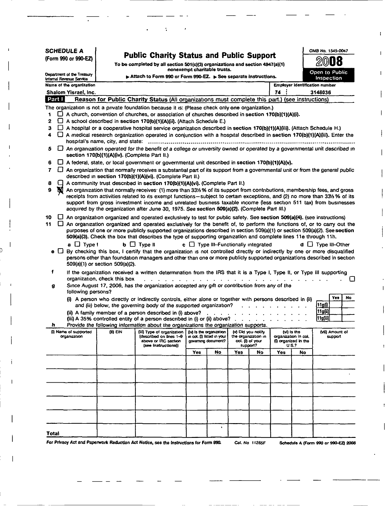 Image of first page of 2008 Form 990ER for Shalom Yisrael