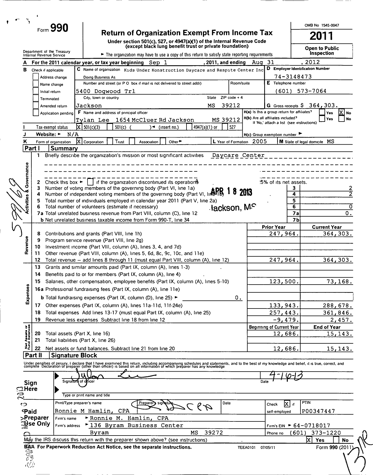 Image of first page of 2011 Form 990 for Kids Under Konstruction Daycare and Respite Center