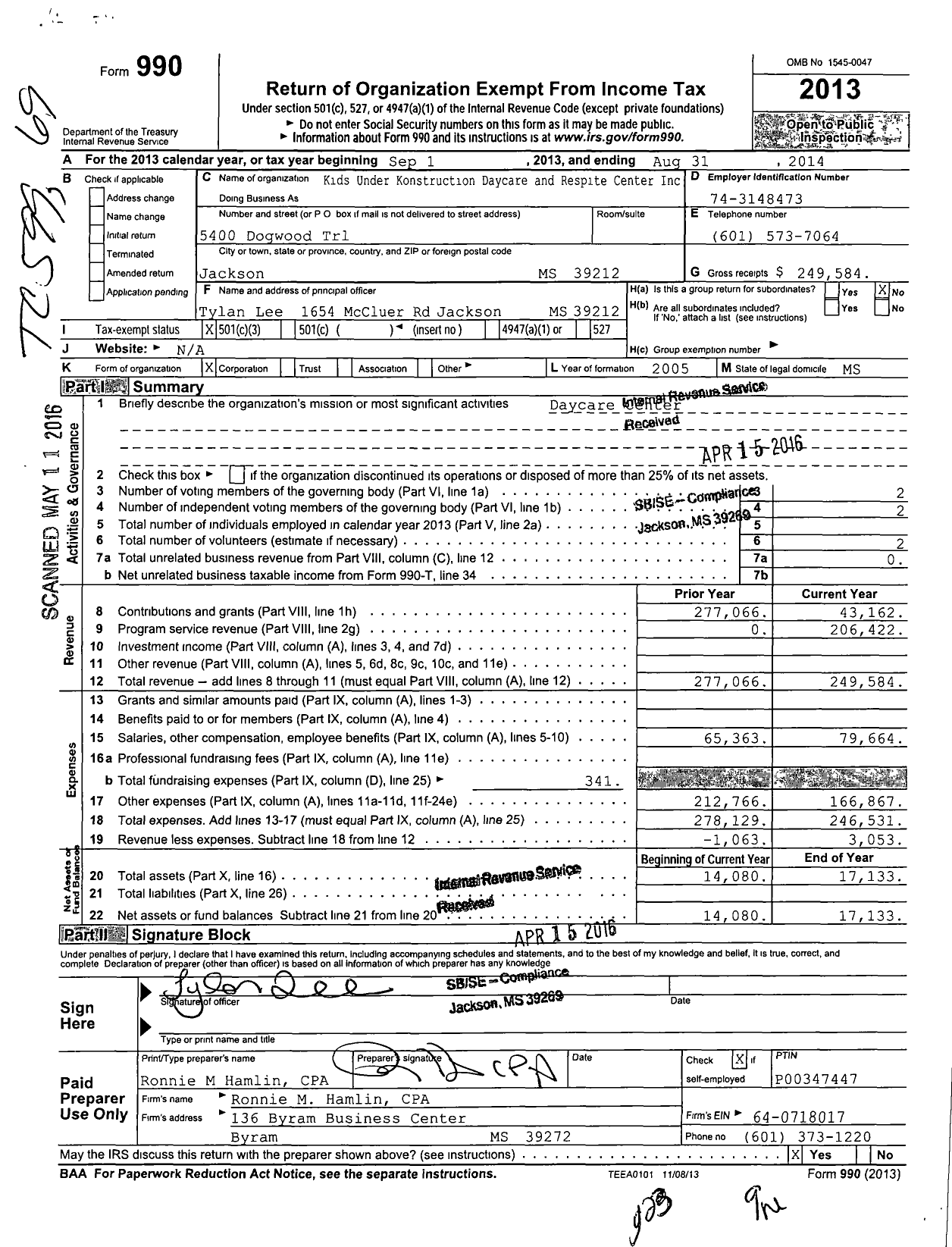 Image of first page of 2013 Form 990 for Kids Under Konstruction Daycare and Respite Center