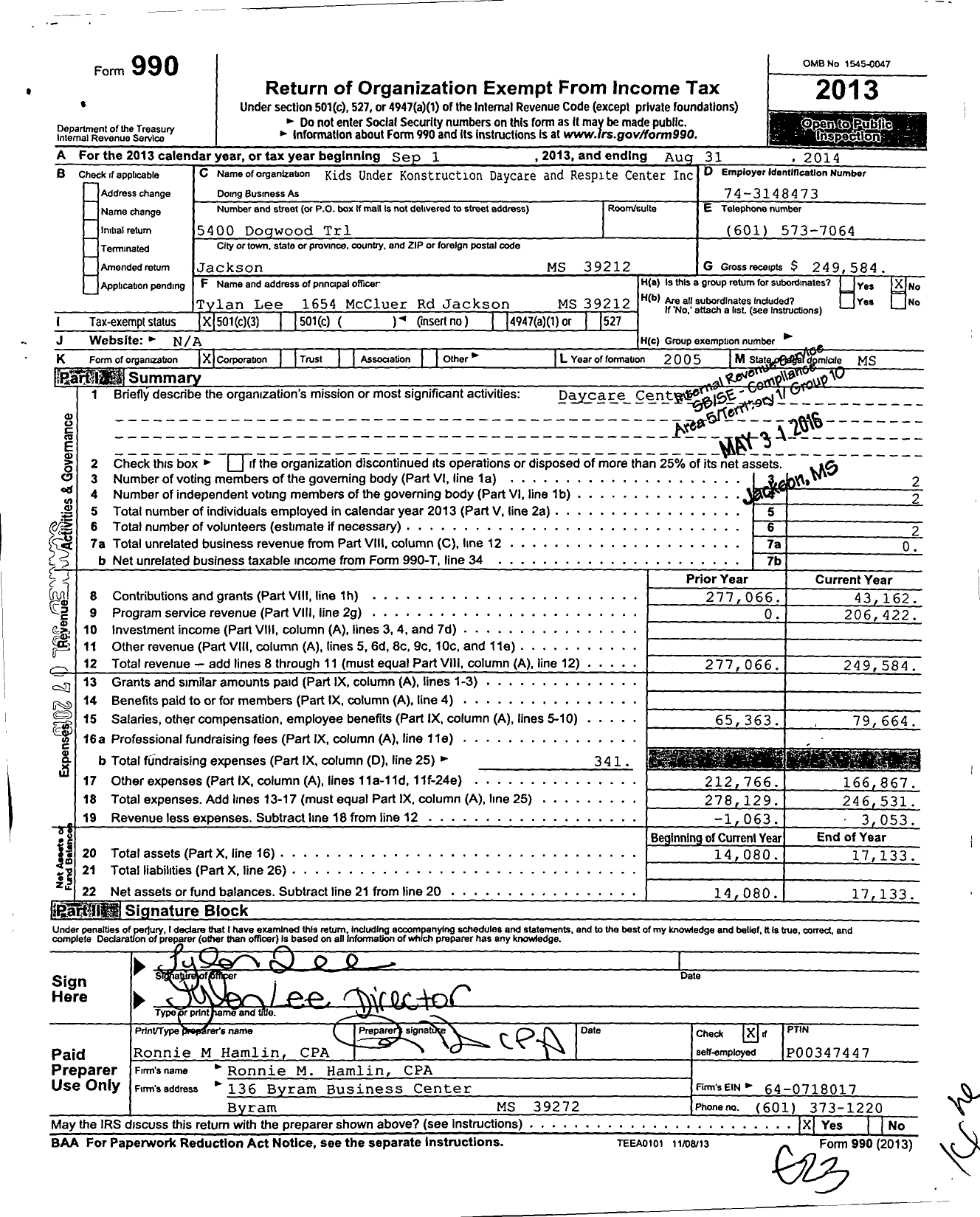 Image of first page of 2013 Form 990 for Kids Under Konstruction Daycare and Respite Center