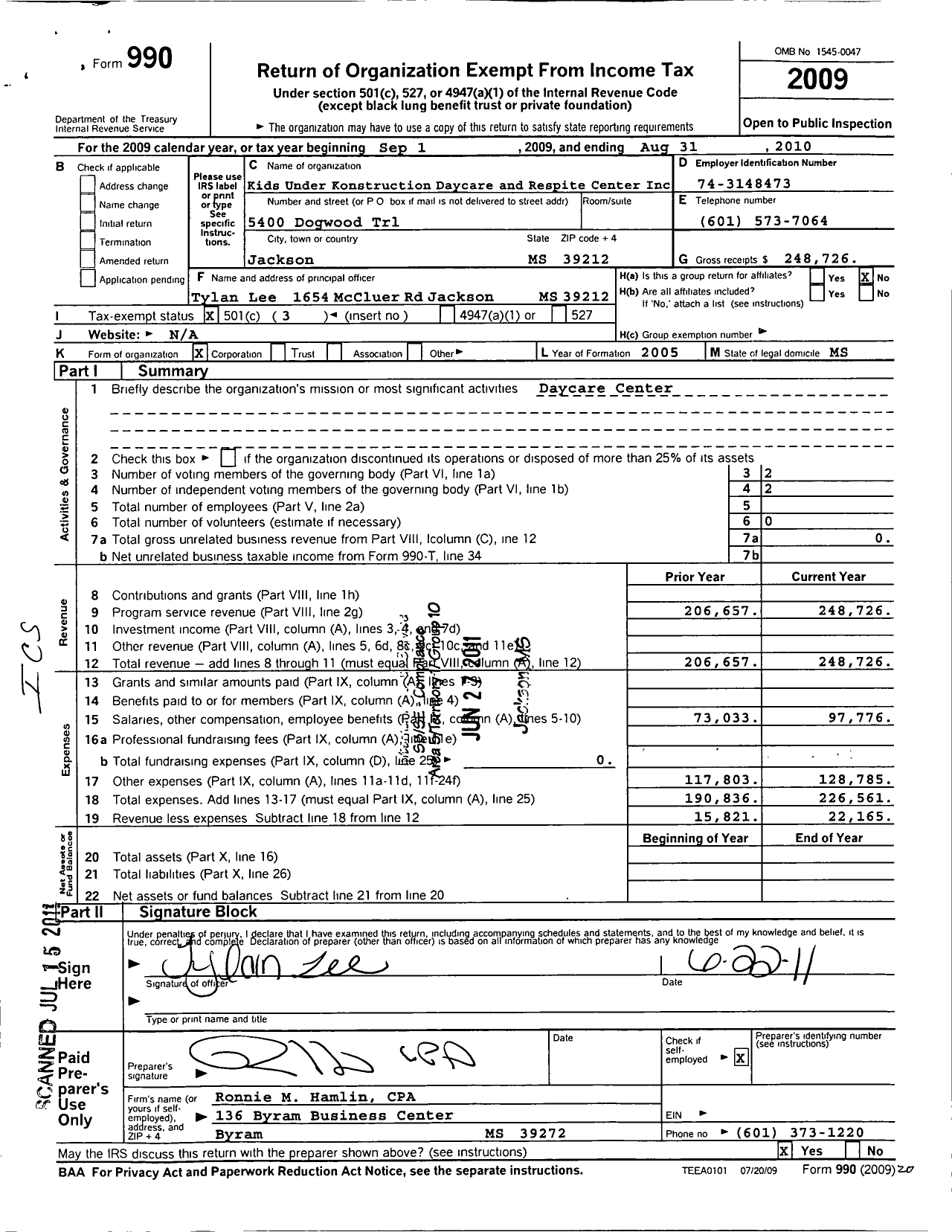 Image of first page of 2009 Form 990 for Kids Under Konstruction Daycare and Respite Center