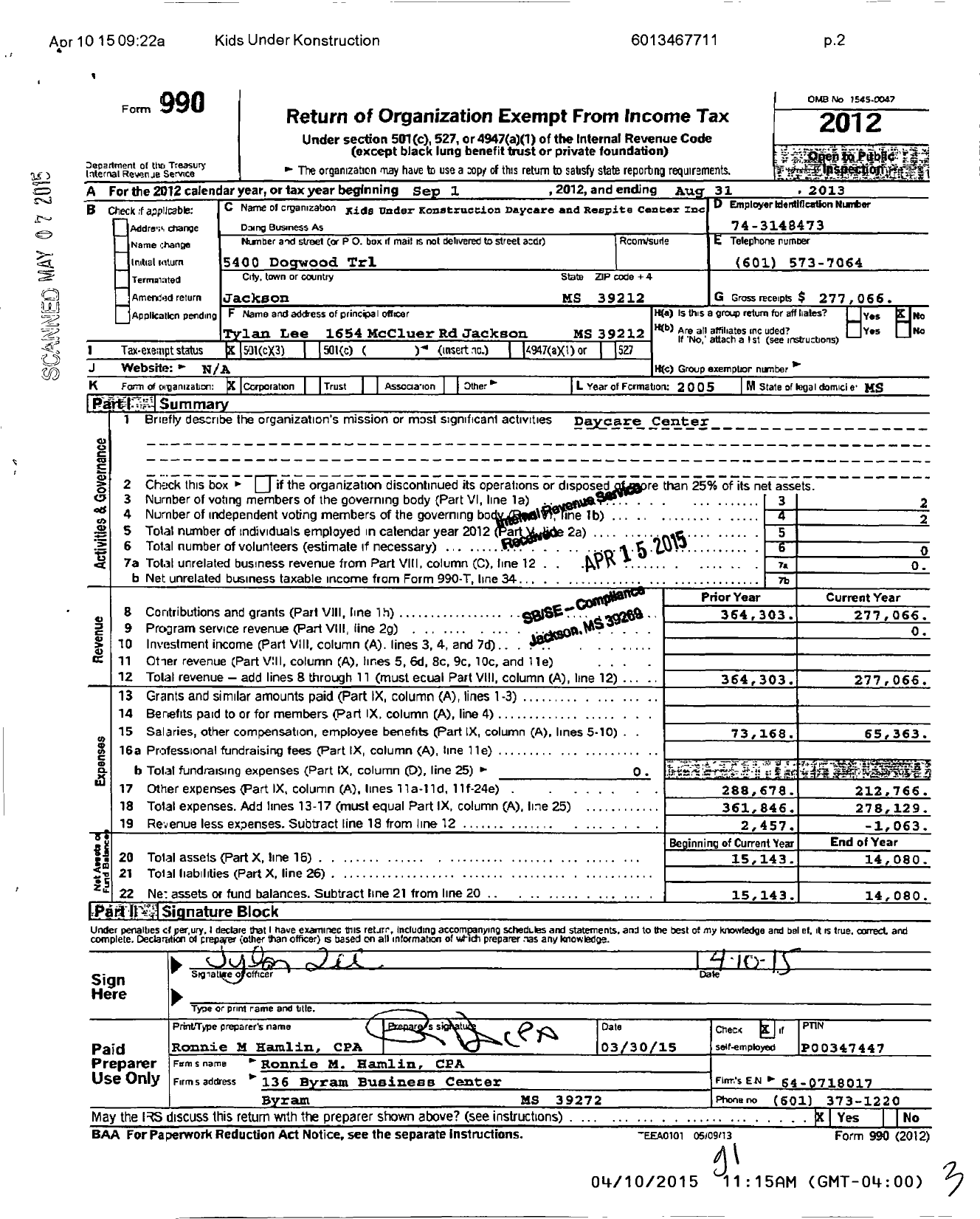 Image of first page of 2012 Form 990 for Kids Under Konstruction Daycare and Respite Center