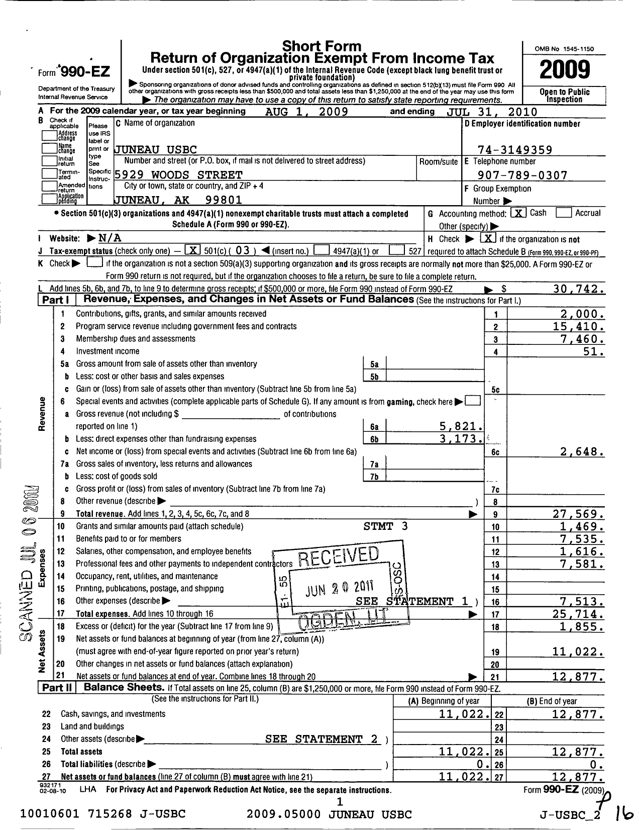 Image of first page of 2009 Form 990EZ for United States Bowling Congress - 82327 Juneau Usbc