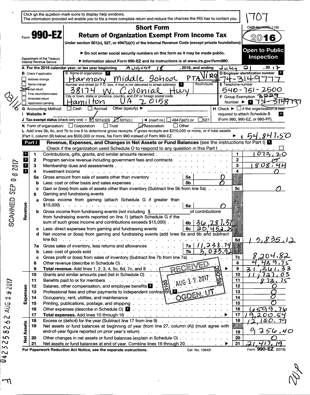 Image of first page of 2016 Form 990EZ for Virginia PTA - Harmony Middle School PTA