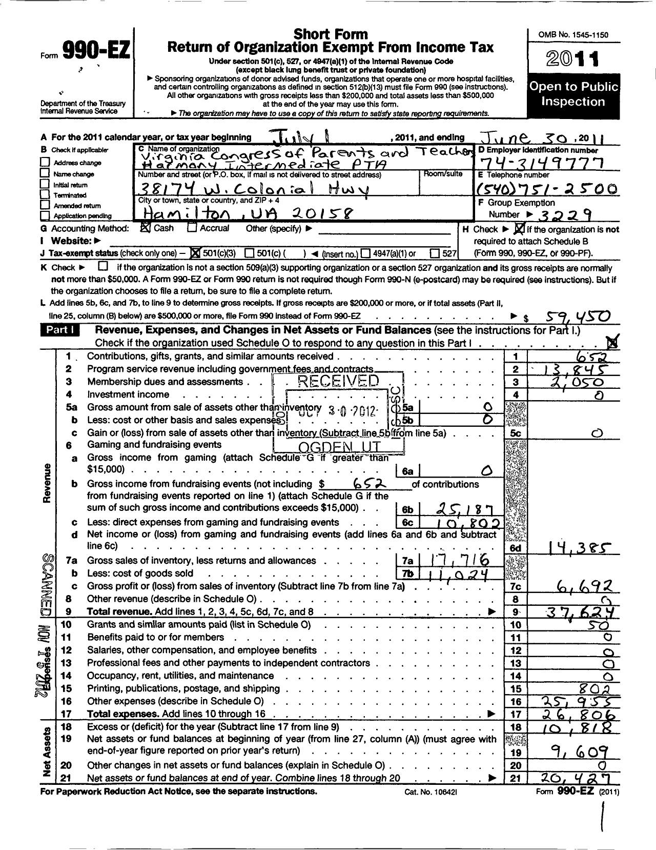 Image of first page of 2010 Form 990EZ for Virginia PTA - Harmony Middle School PTA