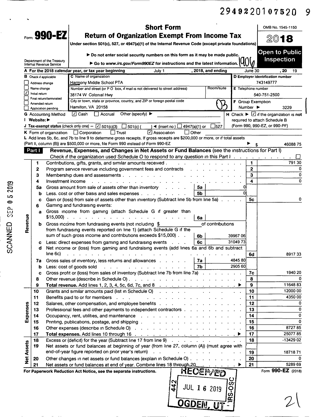 Image of first page of 2018 Form 990EZ for Virginia PTA - Harmony Middle School PTA