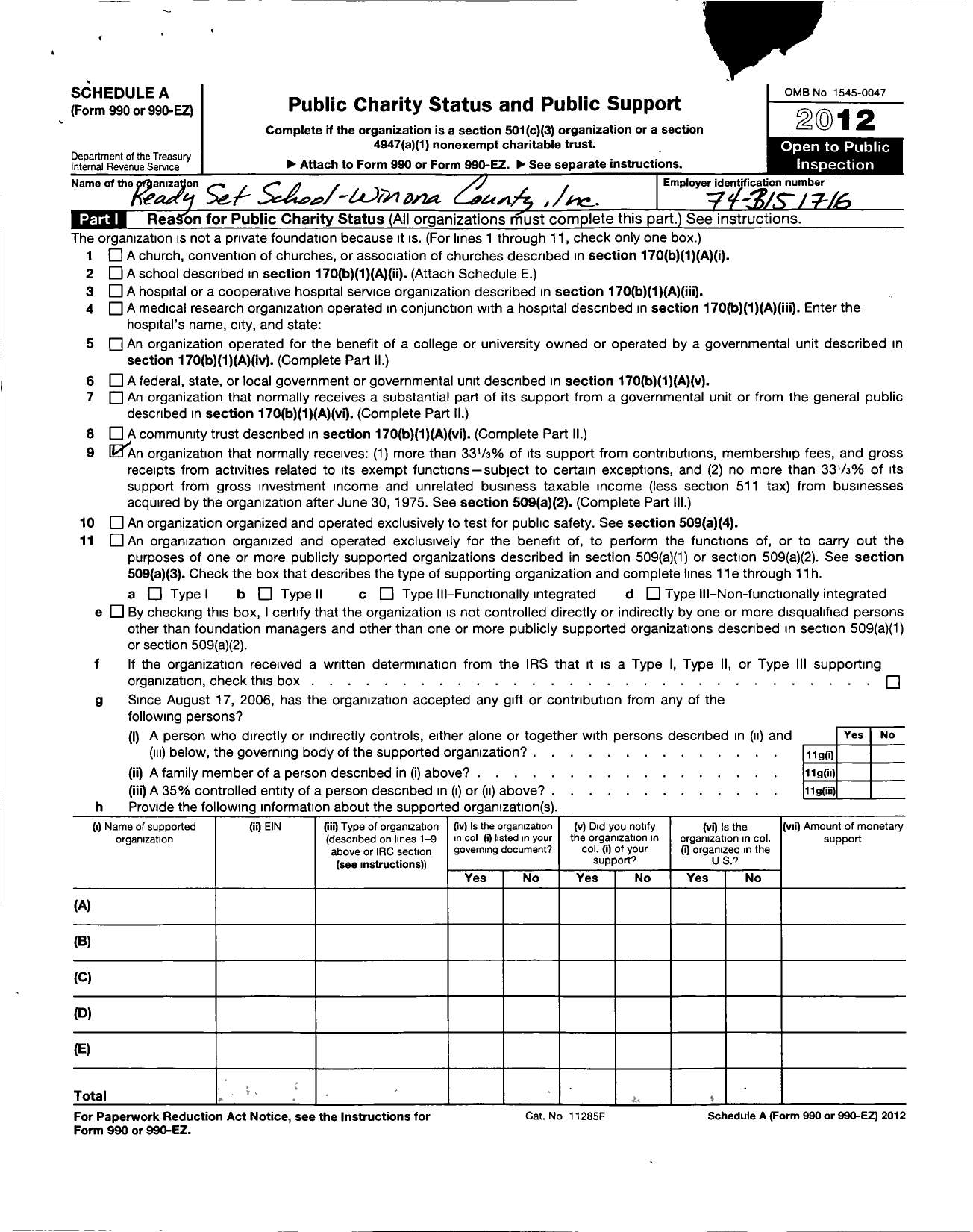 Image of first page of 2012 Form 990ER for Ready Set School-Winona County