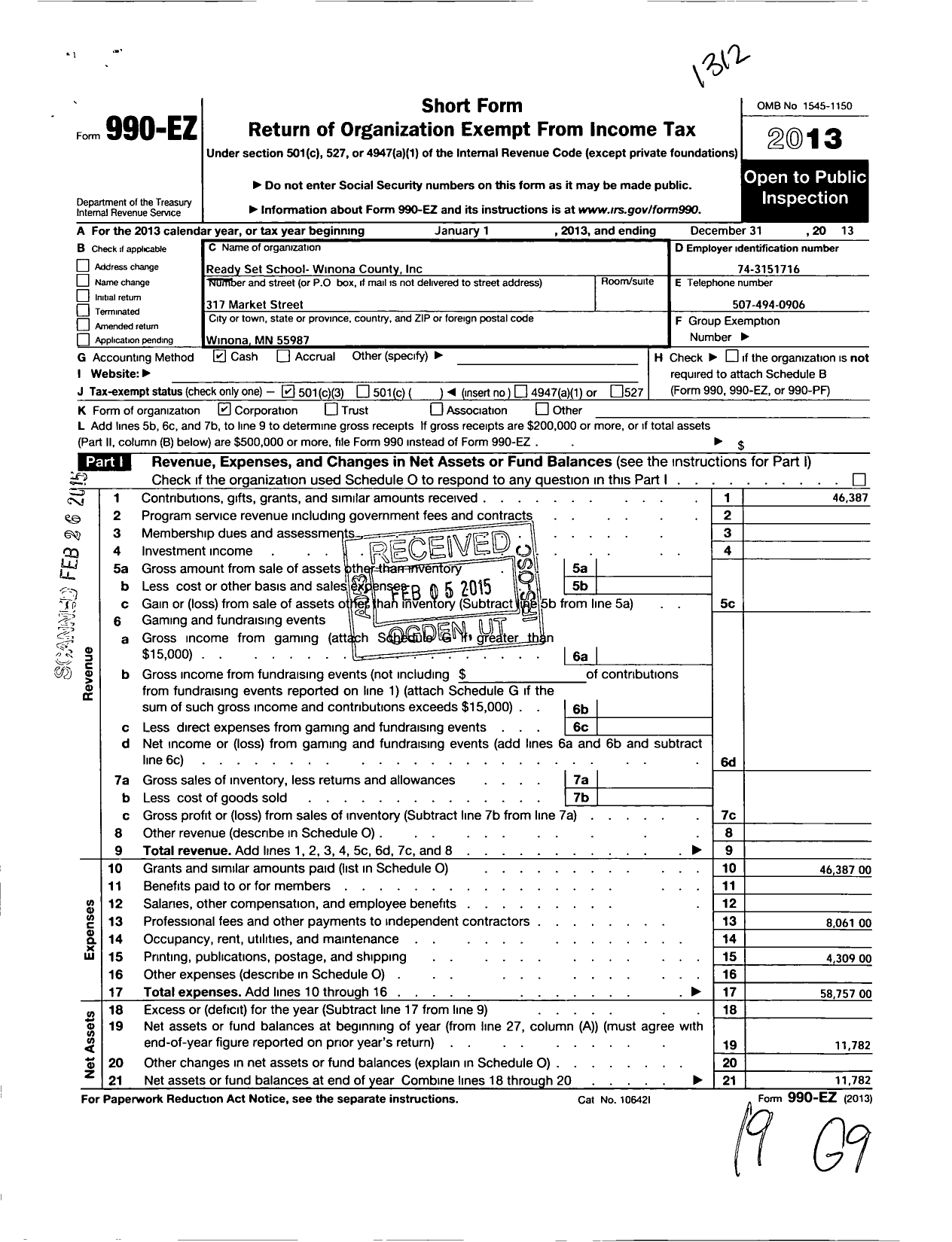 Image of first page of 2013 Form 990EZ for Ready Set School-Winona County