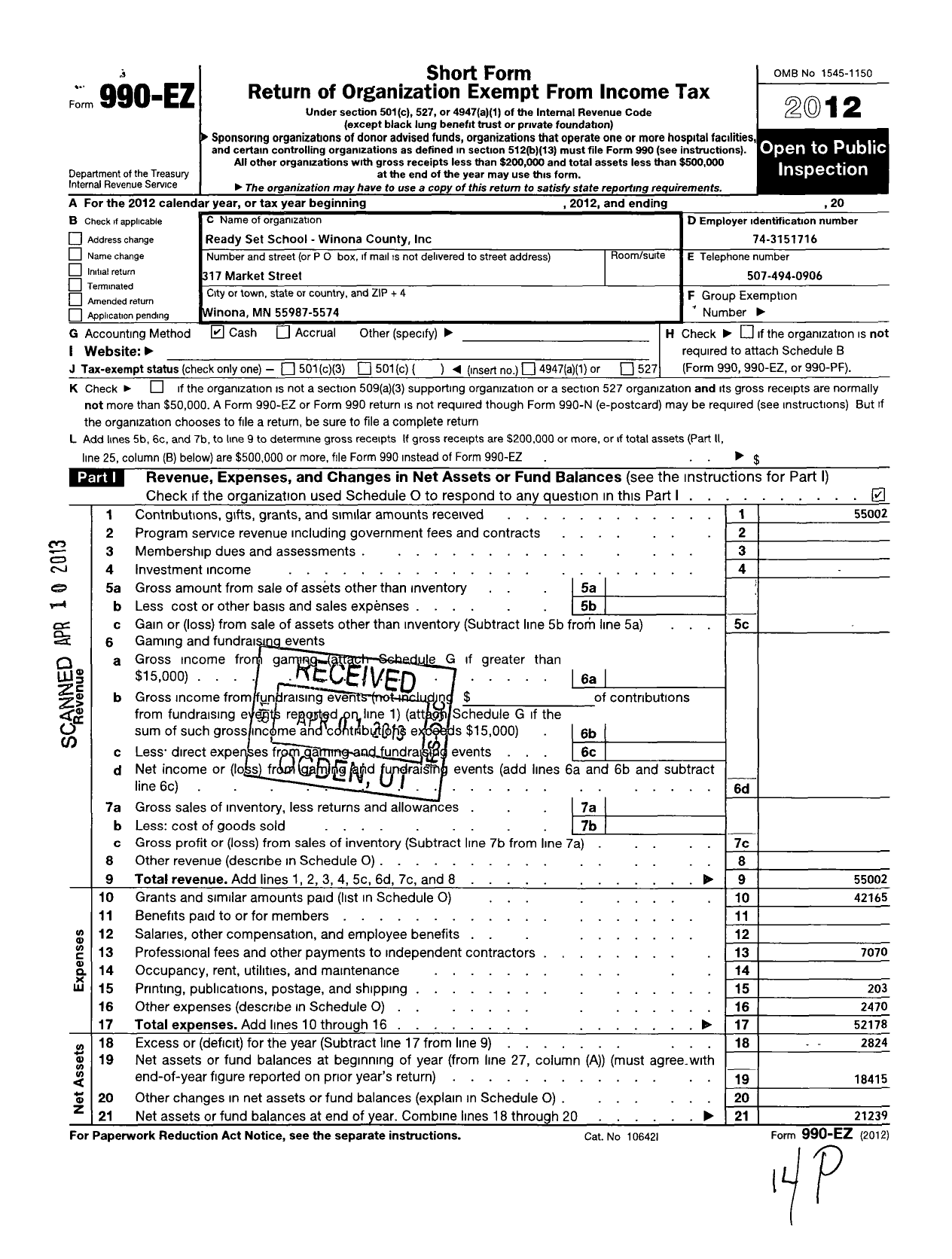 Image of first page of 2012 Form 990EO for Ready Set School-Winona County