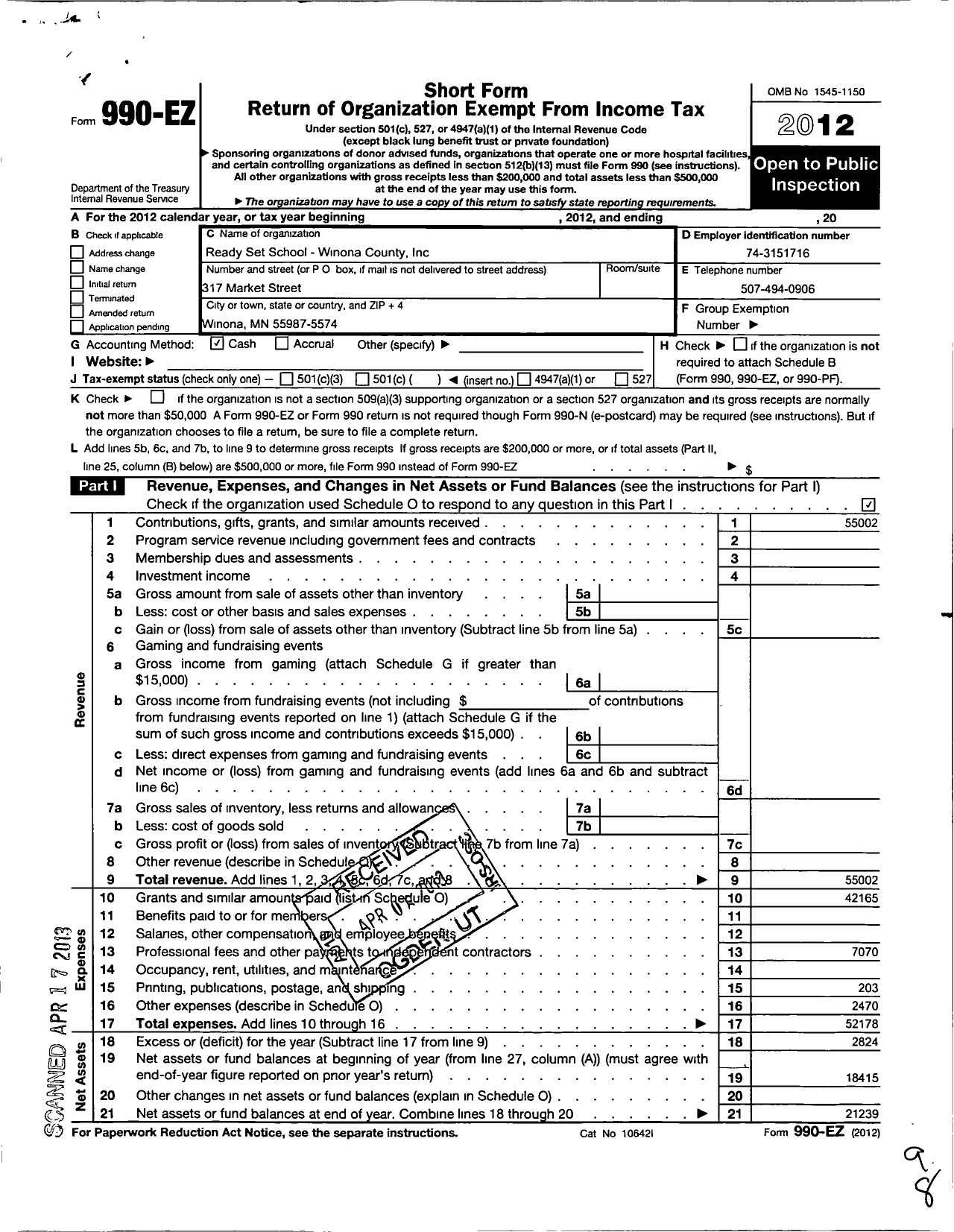 Image of first page of 2012 Form 990EO for Ready Set School-Winona County