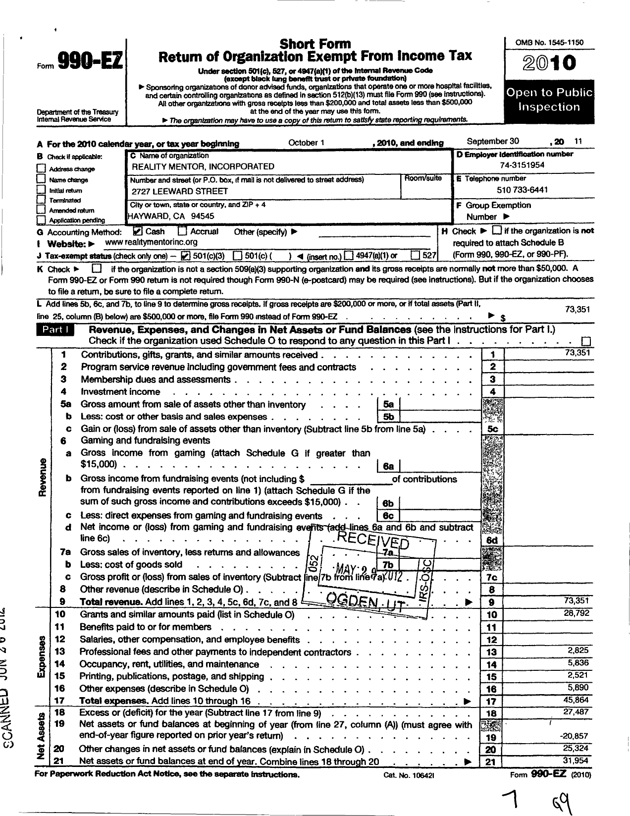 Image of first page of 2010 Form 990EZ for Reality Mentor Incorporated