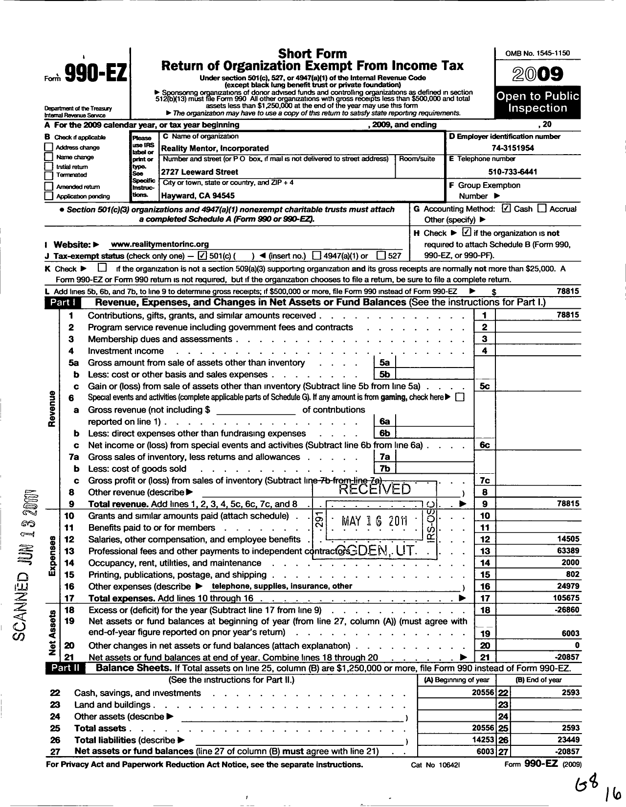 Image of first page of 2009 Form 990EO for Reality Mentor Incorporated