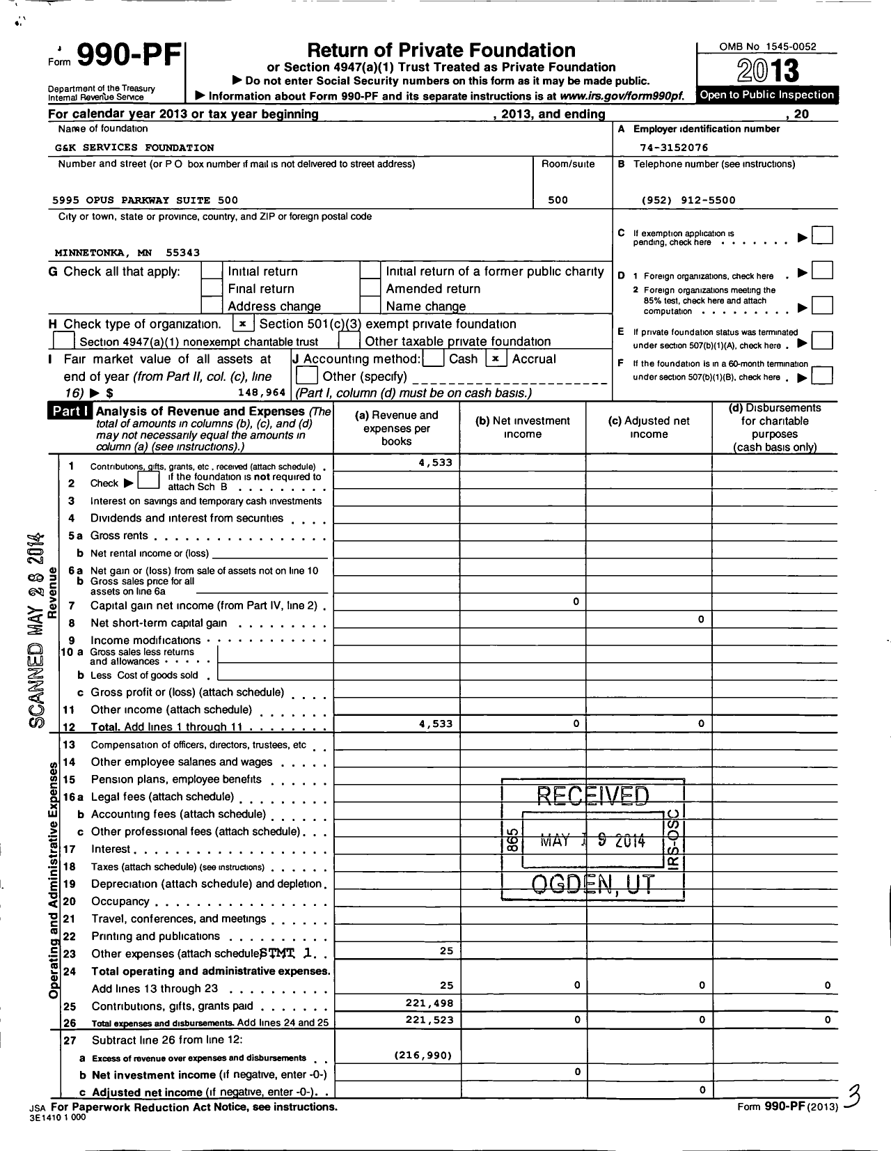 Image of first page of 2013 Form 990PF for G&K Services Foundation