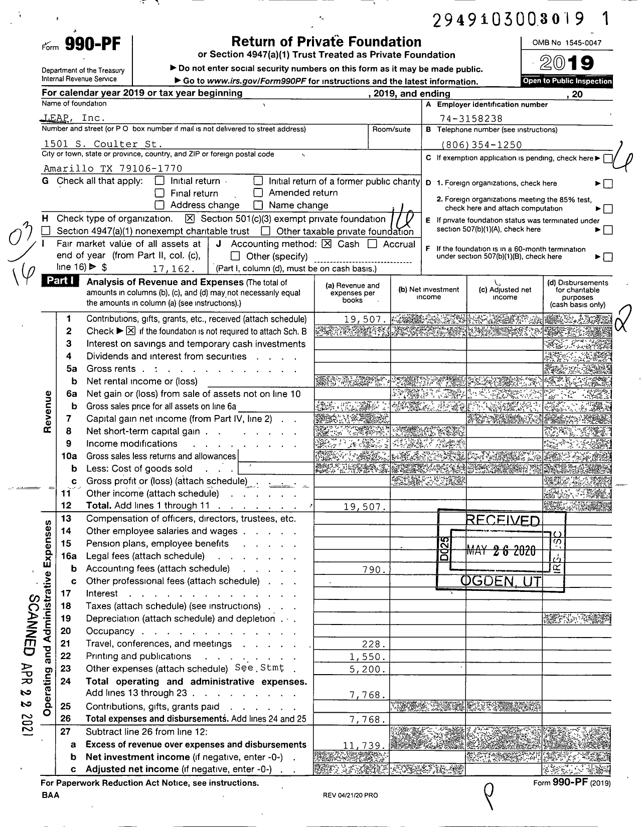 Image of first page of 2019 Form 990PF for Leap