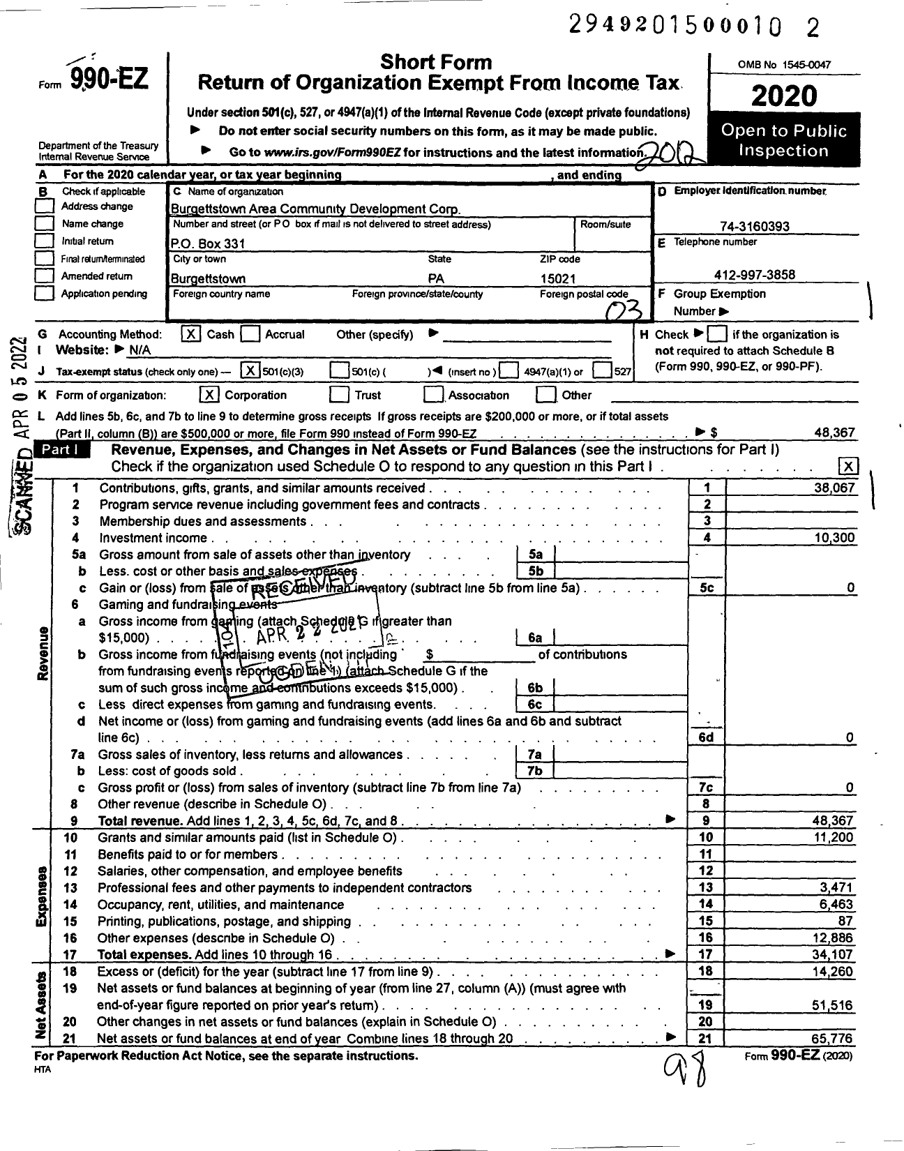 Image of first page of 2020 Form 990EZ for Burgettstown Area Community Development Corporation