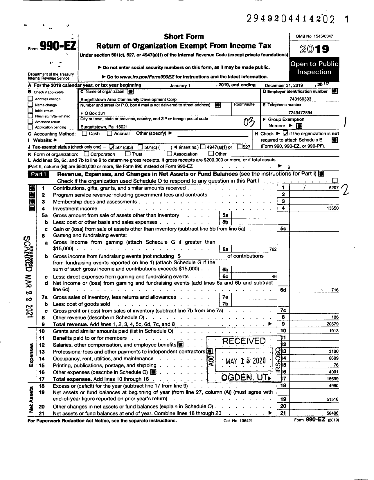 Image of first page of 2019 Form 990EZ for Burgettstown Area Community Development Corporation