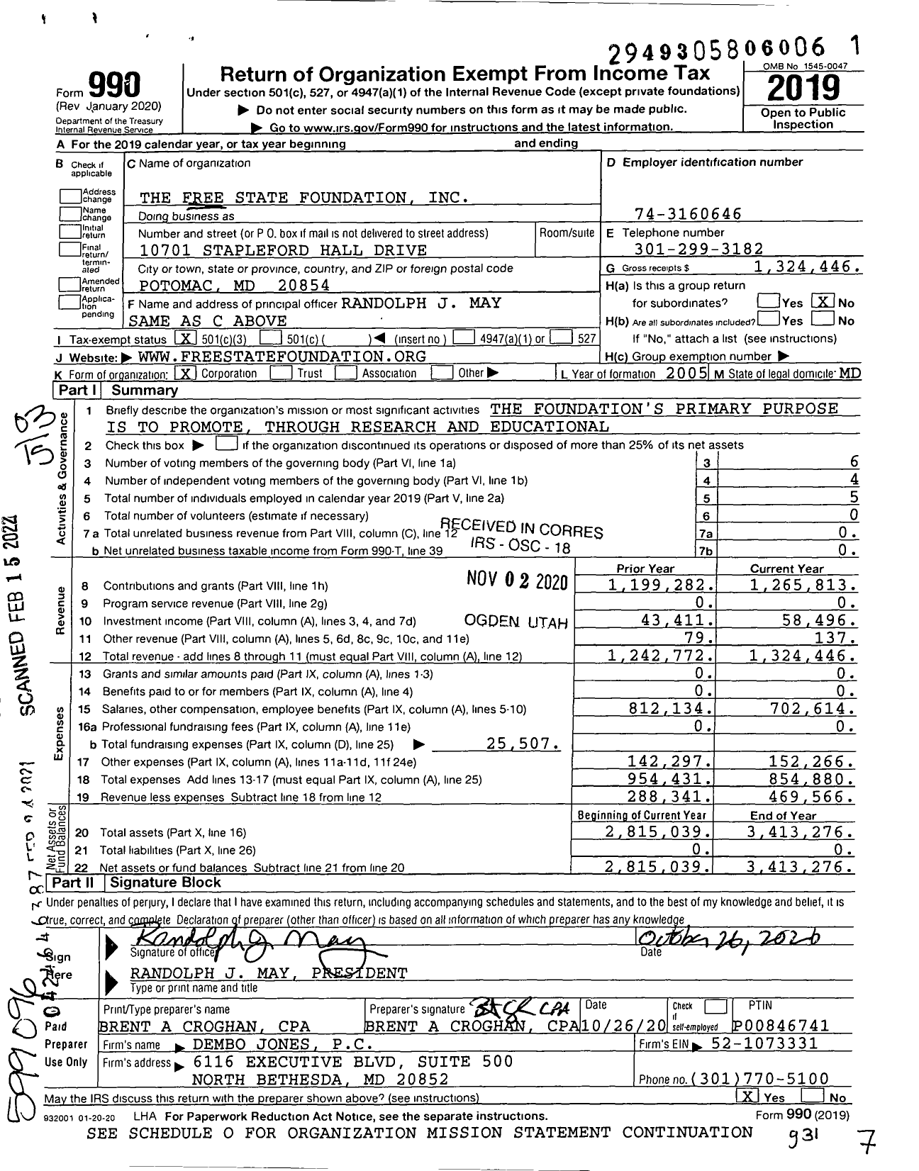 Image of first page of 2019 Form 990 for The Free State Foundation