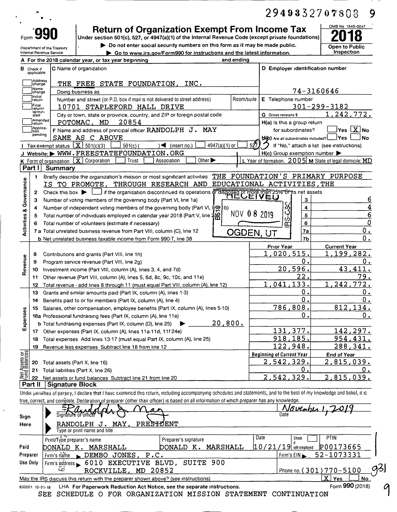 Image of first page of 2018 Form 990 for The Free State Foundation
