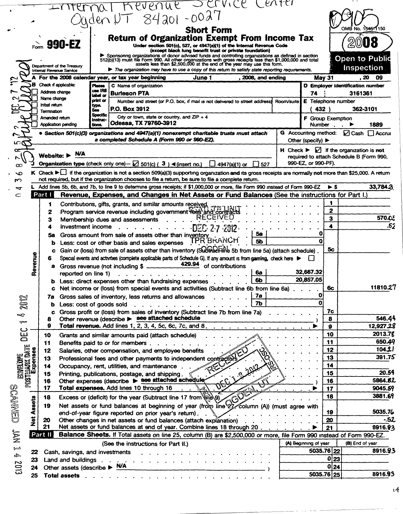 Image of first page of 2008 Form 990EZ for Texas PTA - Burleson PTA