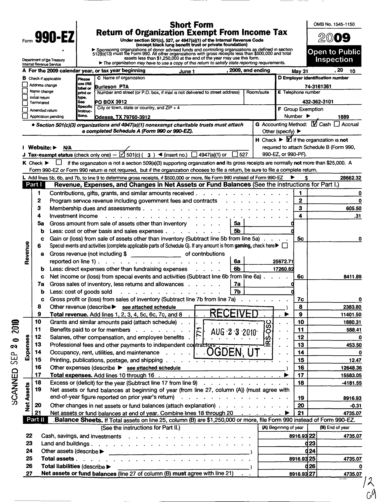 Image of first page of 2009 Form 990EZ for Texas PTA - Burleson PTA