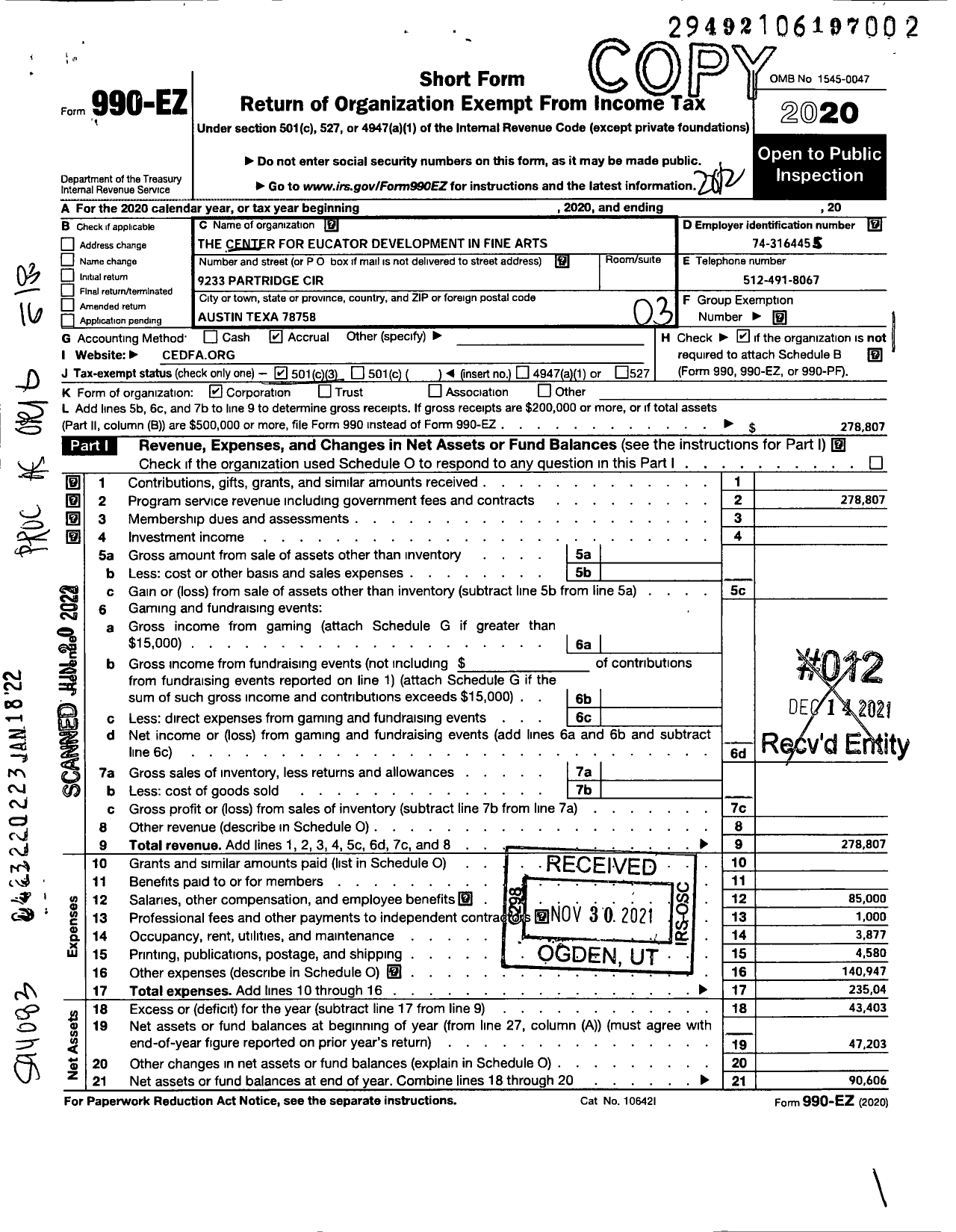 Image of first page of 2020 Form 990EZ for The Center for Educator Development in Fine Arts-Cedfa