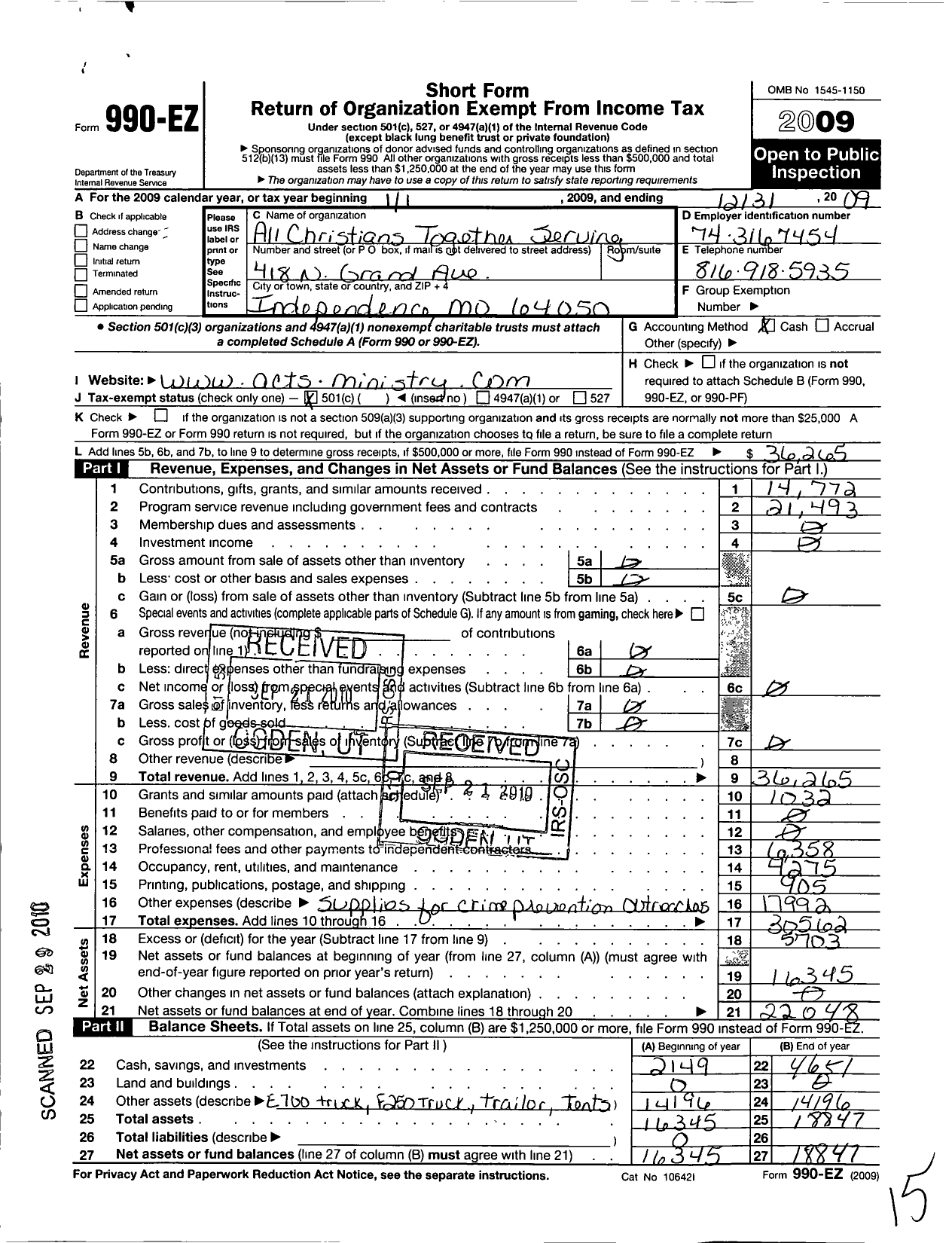 Image of first page of 2009 Form 990EO for All Christians Together Serving (ACTS)