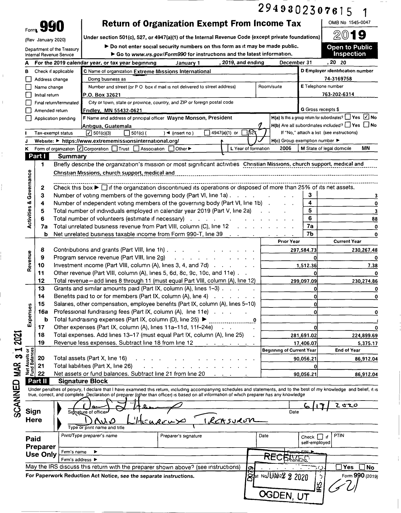 Image of first page of 2020 Form 990 for Extreme Missions International