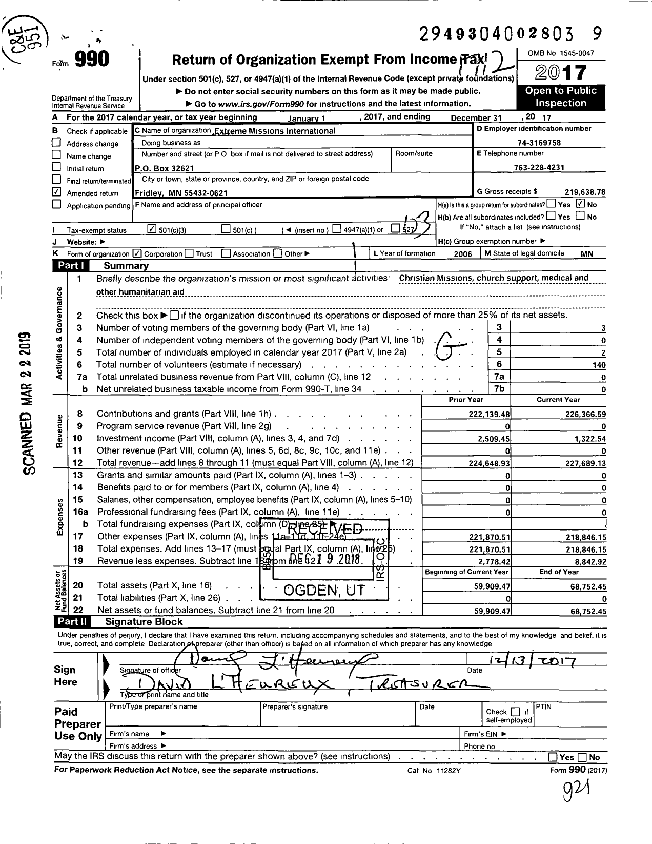 Image of first page of 2017 Form 990 for Extreme Missions International