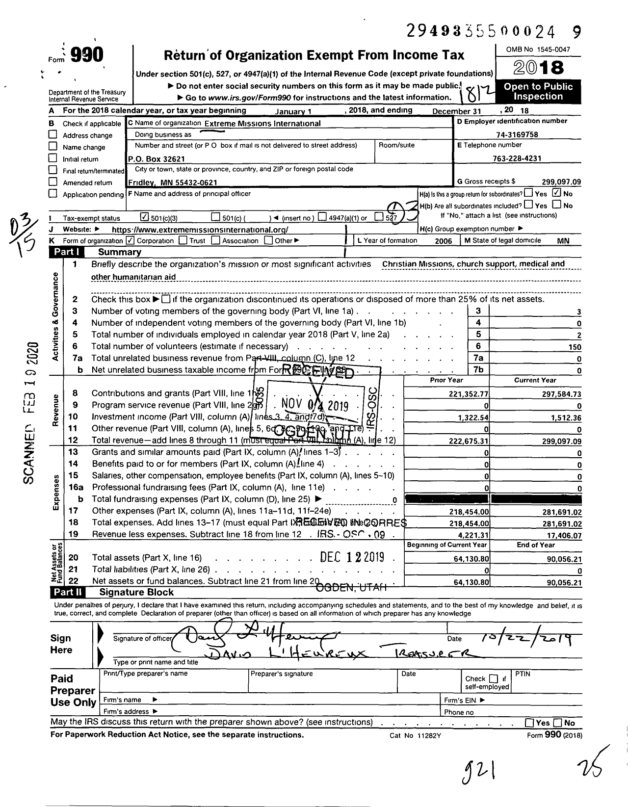 Image of first page of 2018 Form 990 for Extreme Missions International