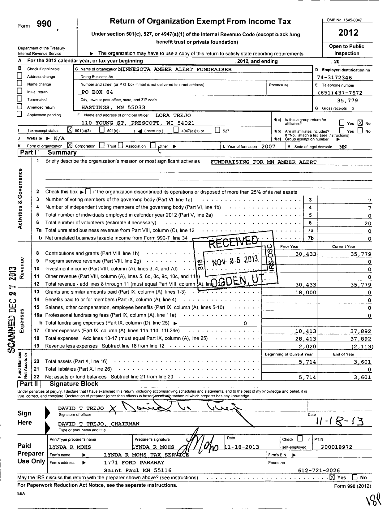 Image of first page of 2012 Form 990 for Minnesota Amber Alert Fundraiser