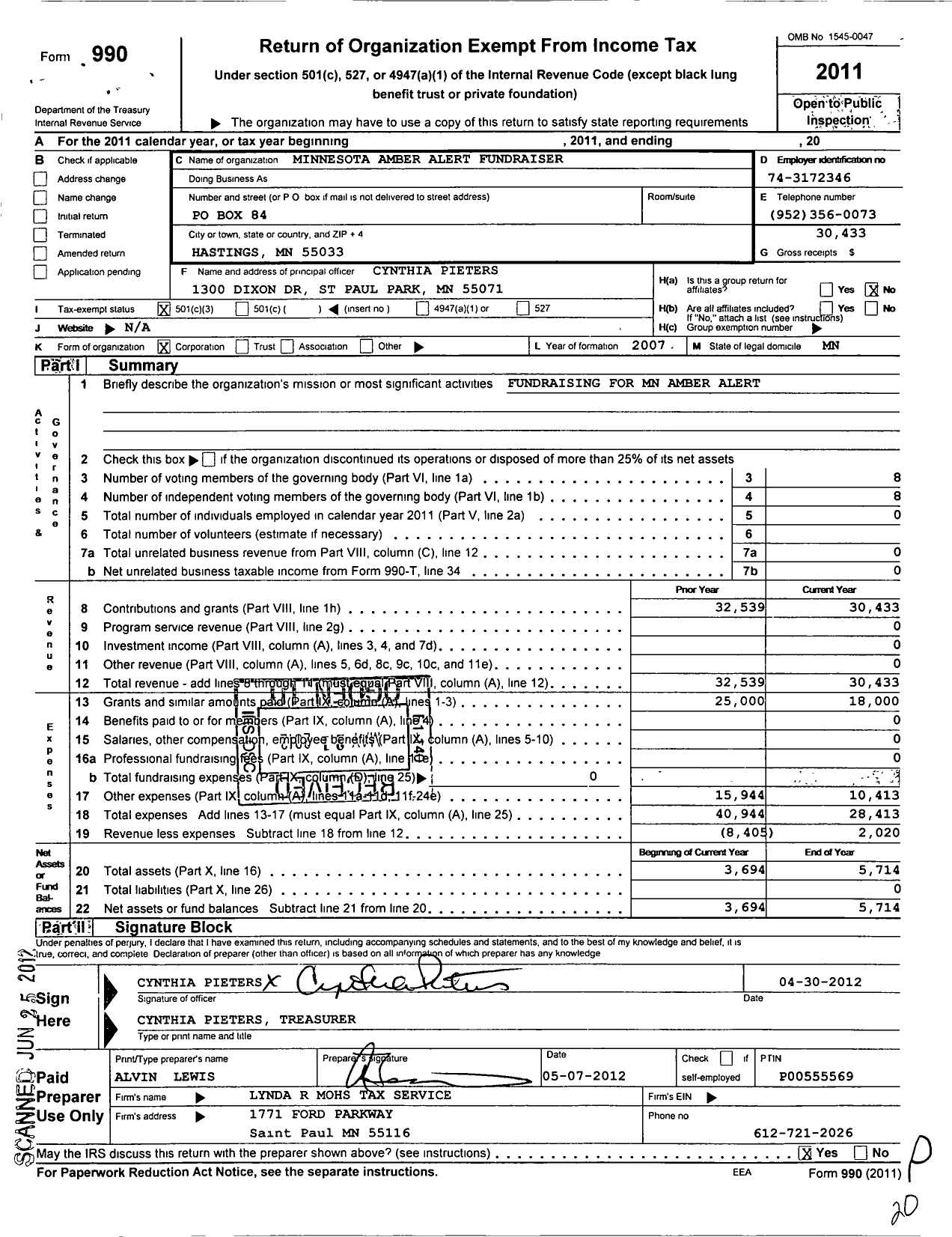 Image of first page of 2011 Form 990 for Minnesota Amber Alert Fundraiser