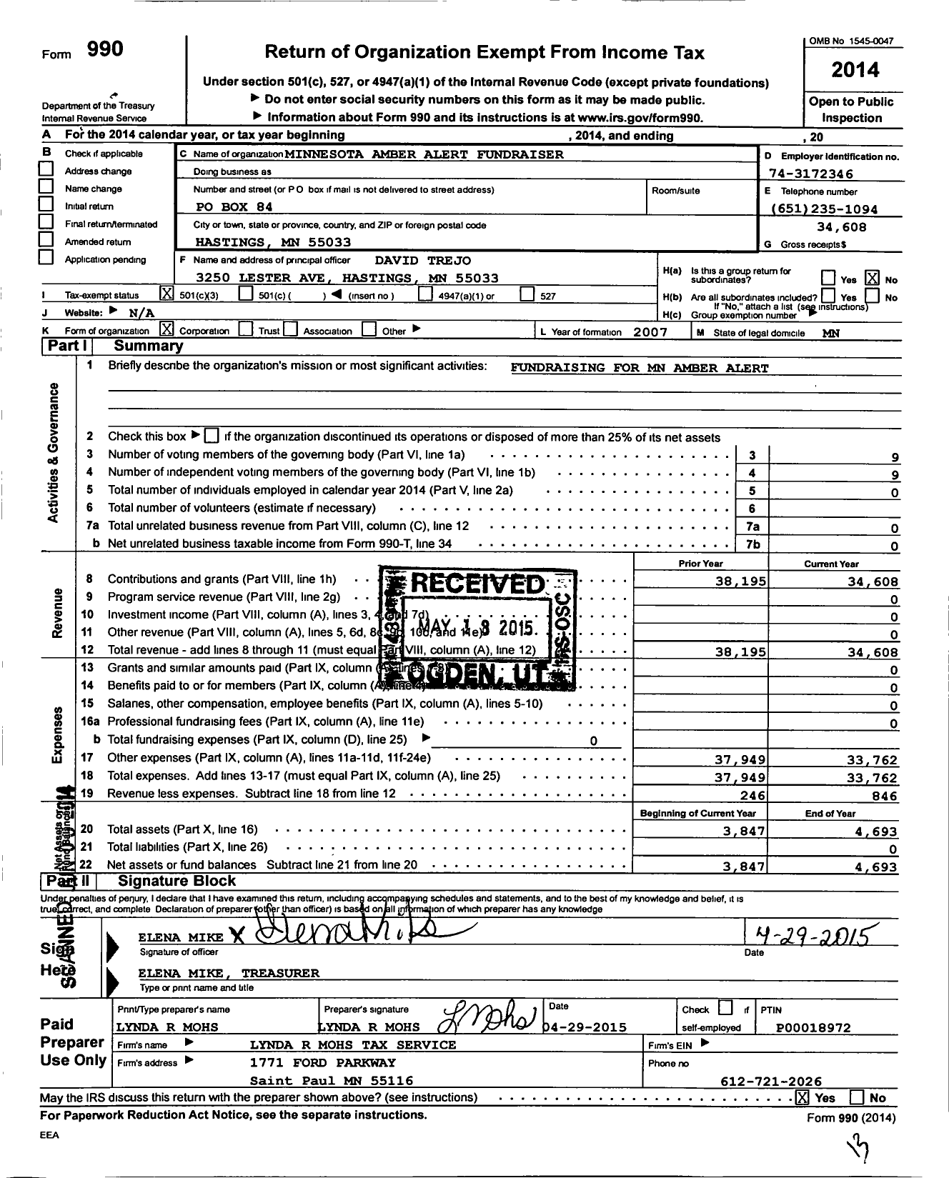 Image of first page of 2014 Form 990 for Minnesota Amber Alert Fundraiser