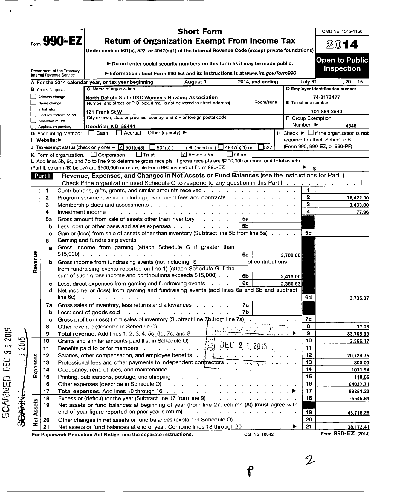 Image of first page of 2014 Form 990EZ for United States Bowling Congress - 83180 North Dakota State Usbc Wba