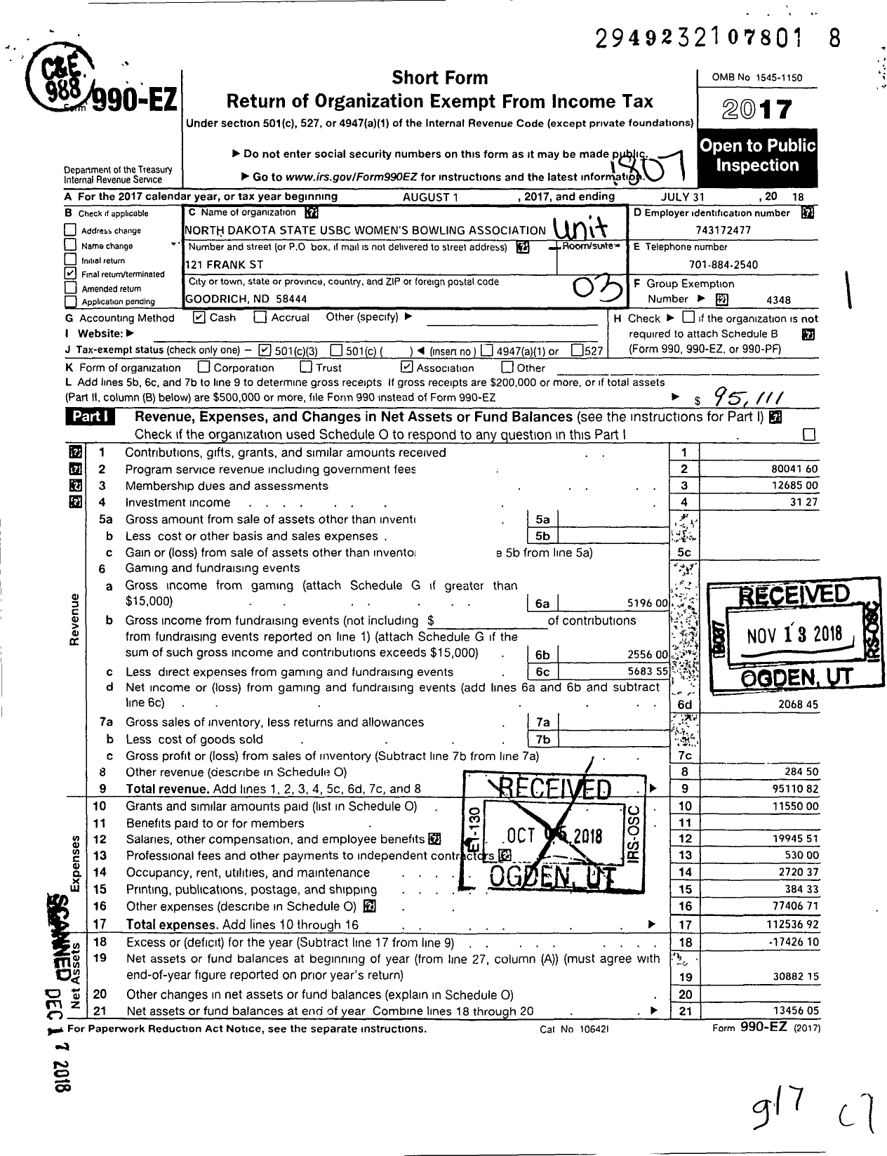 Image of first page of 2017 Form 990EZ for United States Bowling Congress - 83180 North Dakota State Usbc Wba