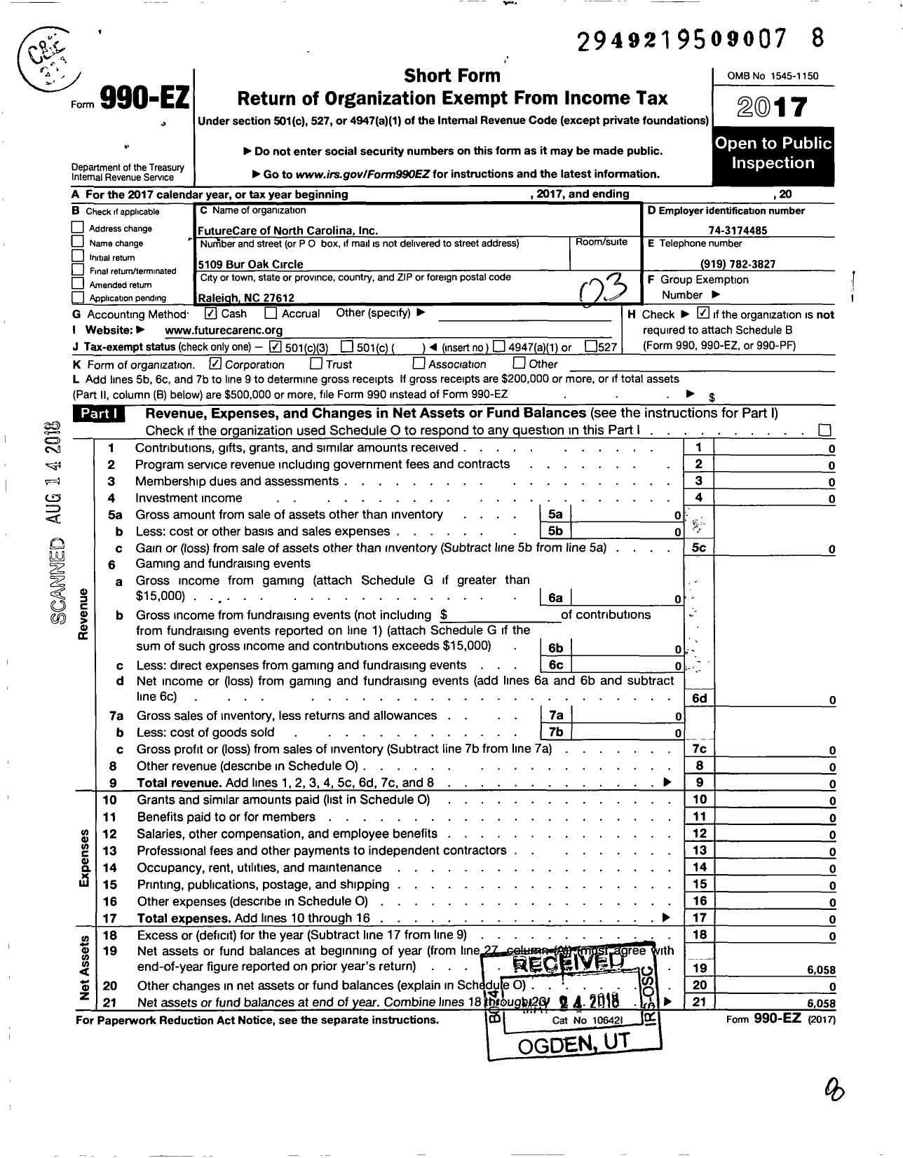 Image of first page of 2017 Form 990EZ for FutureCare Care of North Carolina