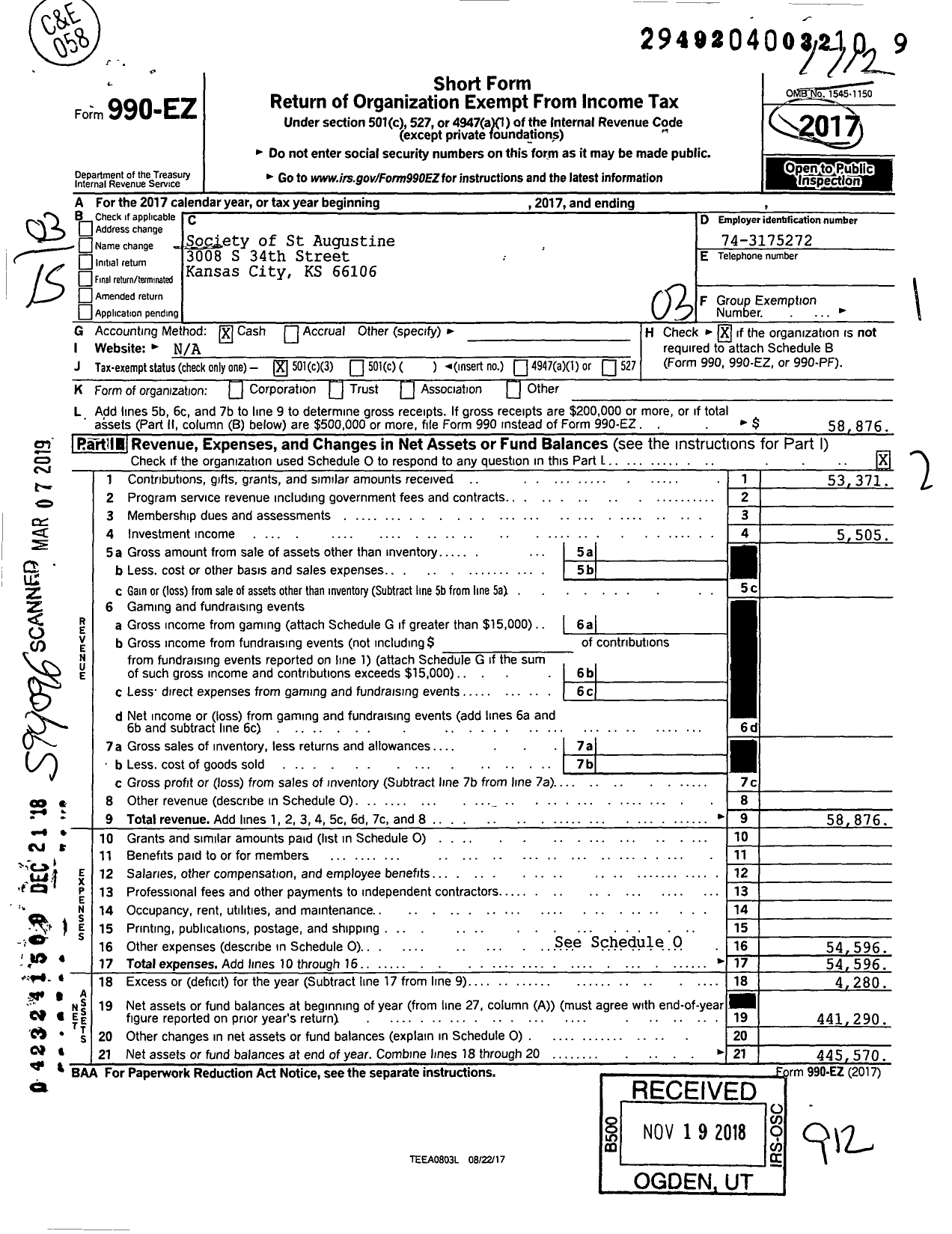 Image of first page of 2017 Form 990EZ for Society of St Augustine