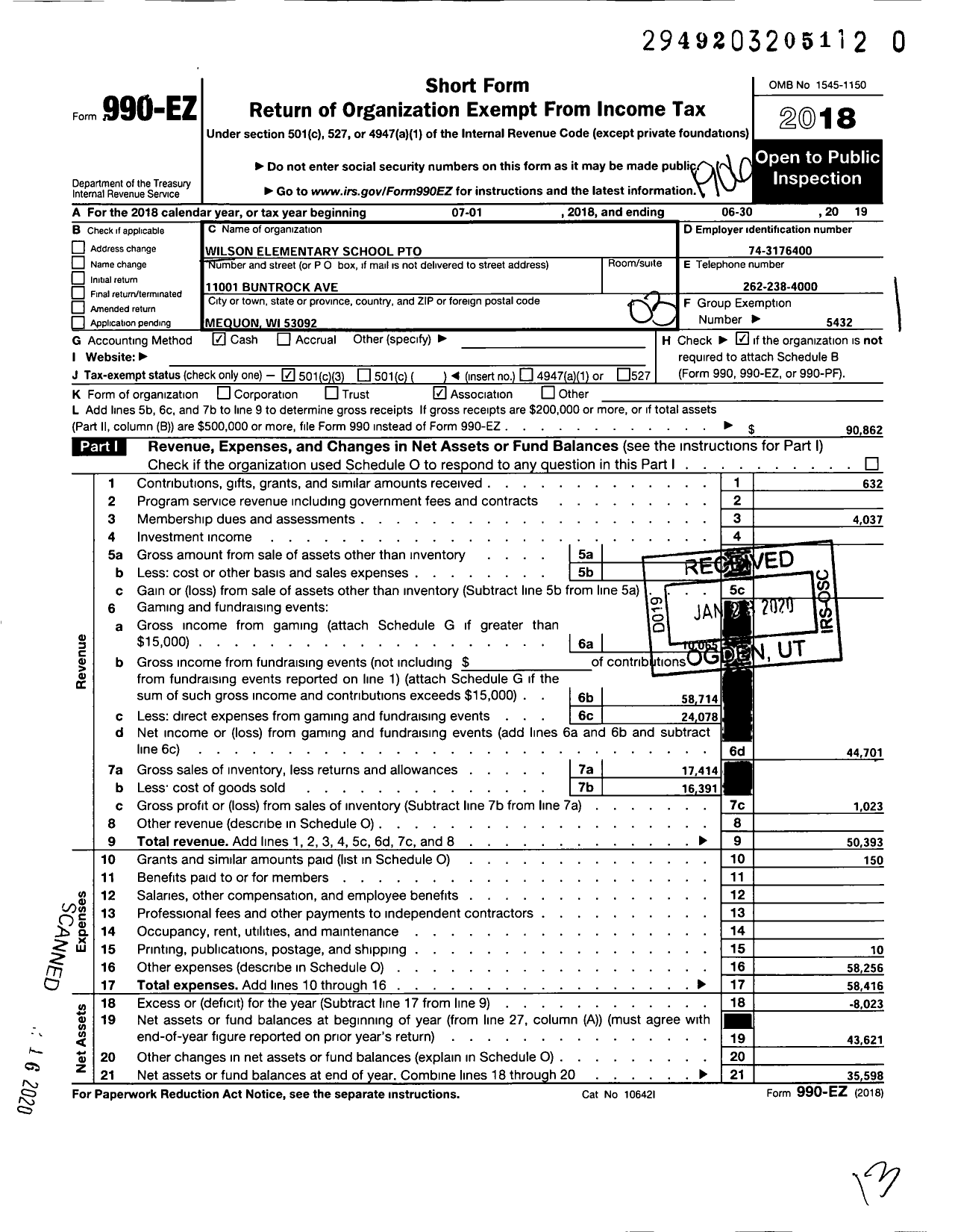 Image of first page of 2018 Form 990EZ for Wilson Elementary School Pto