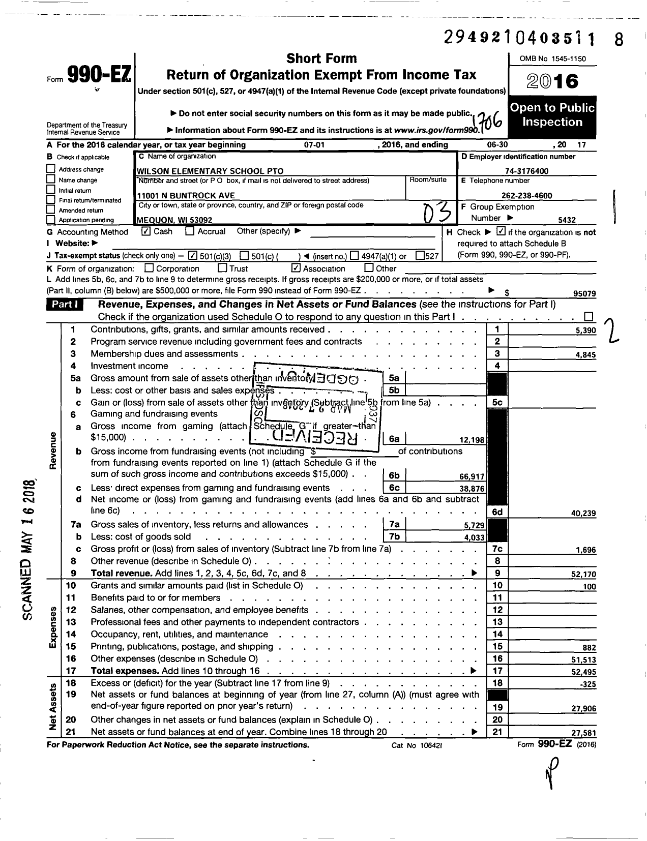 Image of first page of 2016 Form 990EZ for Wilson Elementary School Pto