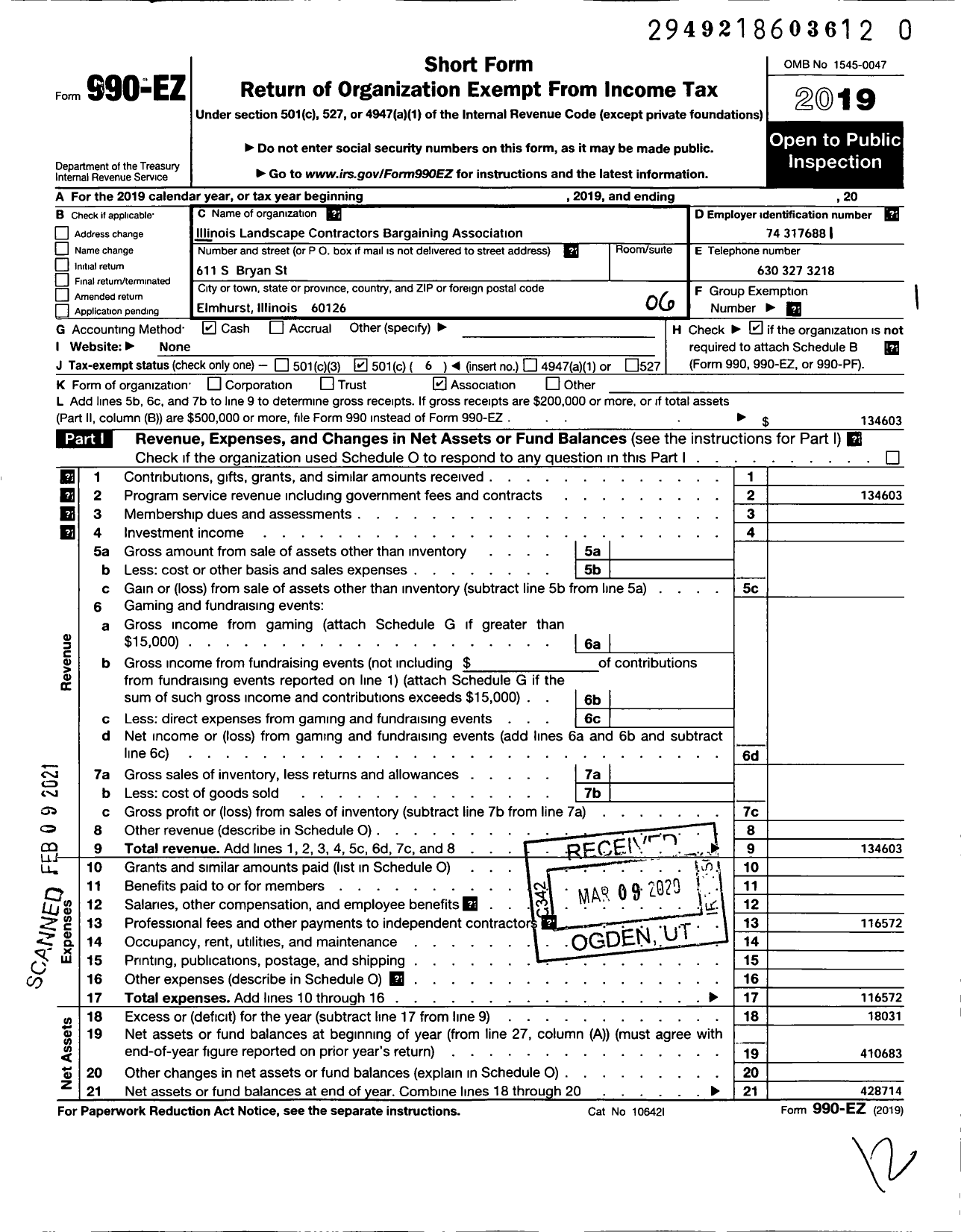 Image of first page of 2019 Form 990O for Illinois Landscape Contractors Bargaining Association