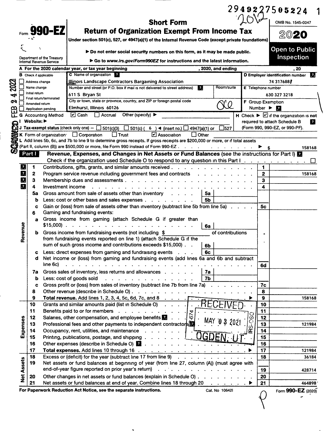 Image of first page of 2020 Form 990EO for Illinois Landscape Contractors Bargaining Association