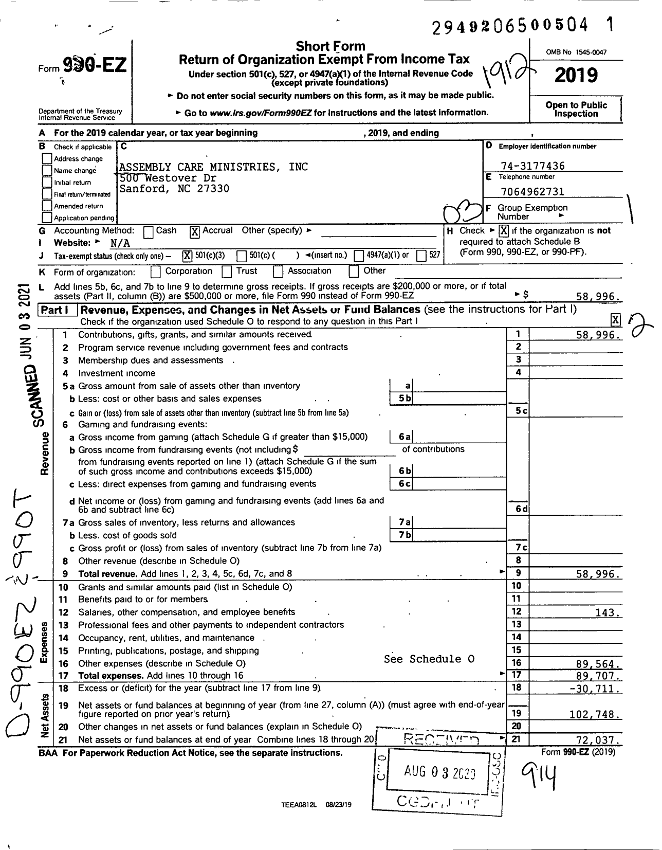 Image of first page of 2019 Form 990EZ for Assembly Care Ministries